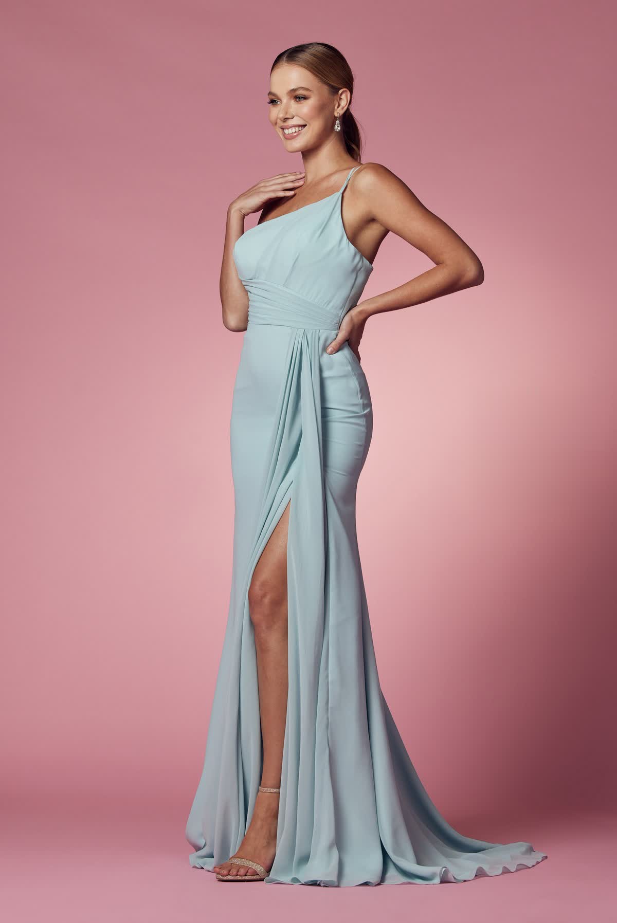 Sleeveless Sheath Bridesmaid Dress w/ One Shoulder Neckline & Pleated Details NXE1005