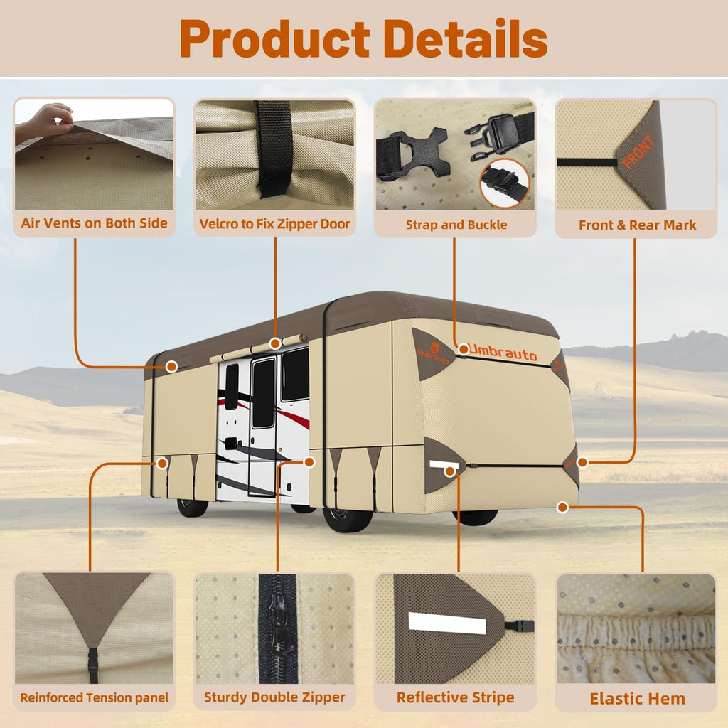 Umbrauto Class A RV Cover Upgraded Heavy Duty 7 Layers Top Windproof Breathable Class A Motorhome Camper Cover,Khaki