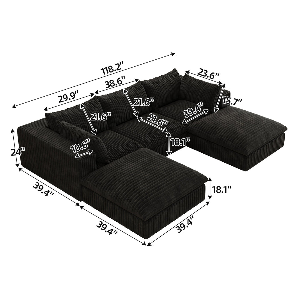 118.2' Cloud Sofa,Corduroy Fabric,Deep Seat Couches,Double-layer design,Removable Cushion,No Assembly, DIY Combination for Living room, Bedroom,Conference room ,Apartment,Black