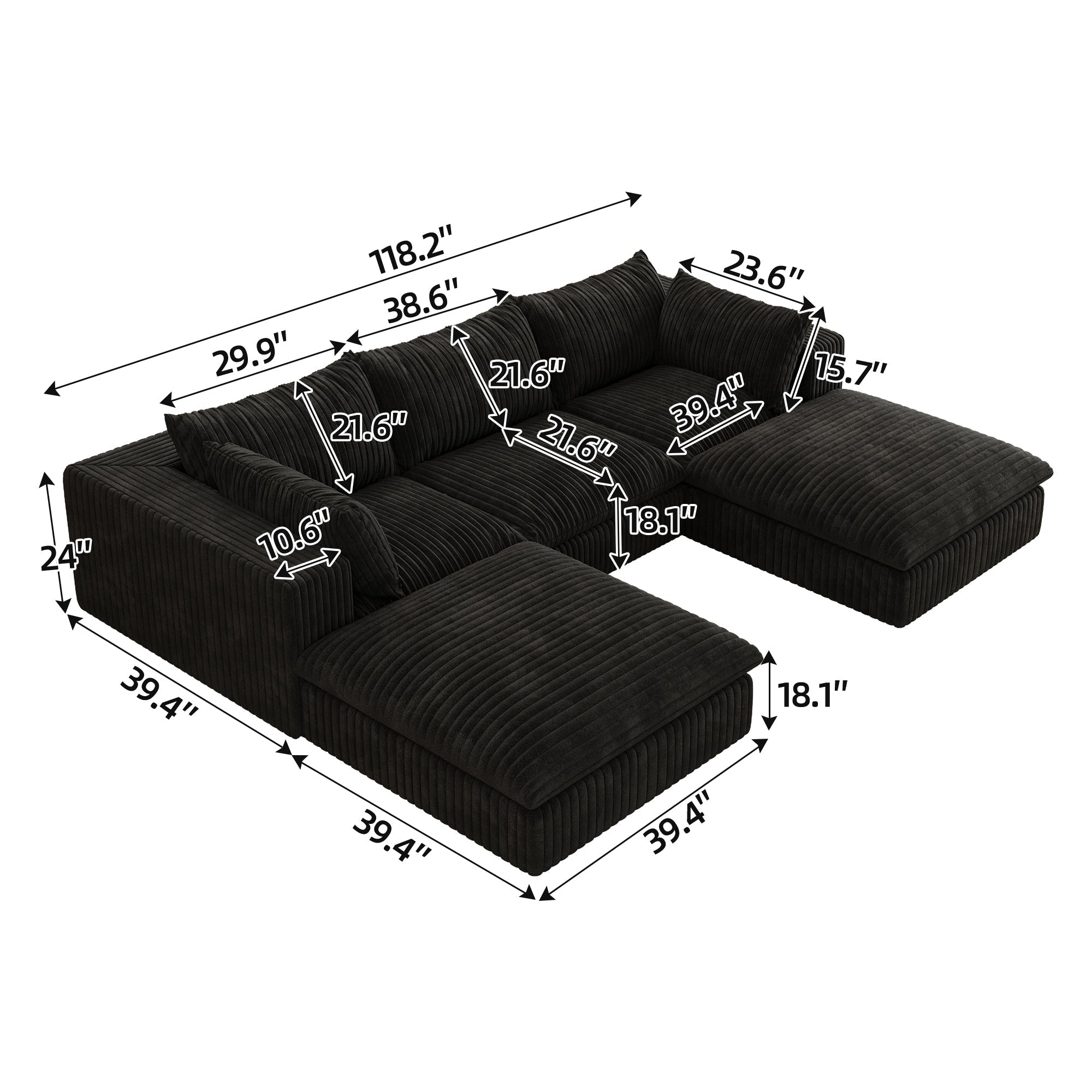 118.2' Cloud Sofa,Corduroy Fabric,Deep Seat Couches,Double-layer design,Removable Cushion,No Assembly, DIY Combination for Living room, Bedroom,Conference room ,Apartment,Black
