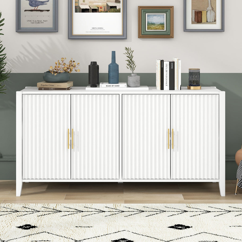 U_Style 63.1''Modern 4-Vertical Wavy Slatted Doors Sideboard,Storage Cabinet With Elegant Design, Solid Wood Legs with Painted,Metal Handles,for Dining Room,Living Room, Kitchen, or Entryway(White)