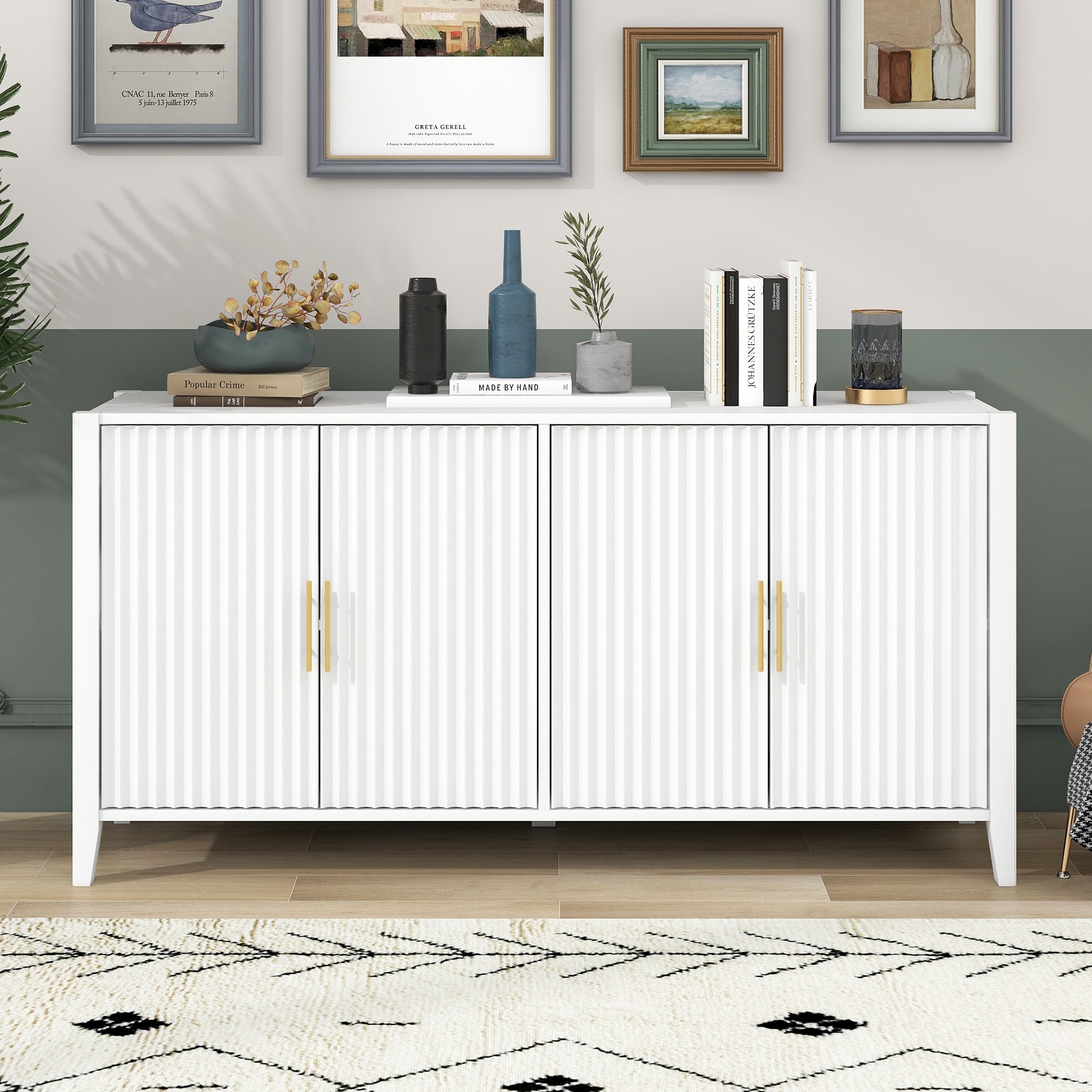 U_Style 63.1''Modern 4-Vertical Wavy Slatted Doors Sideboard,Storage Cabinet With Elegant Design, Solid Wood Legs with Painted,Metal Handles,for Dining Room,Living Room, Kitchen, or Entryway(White)