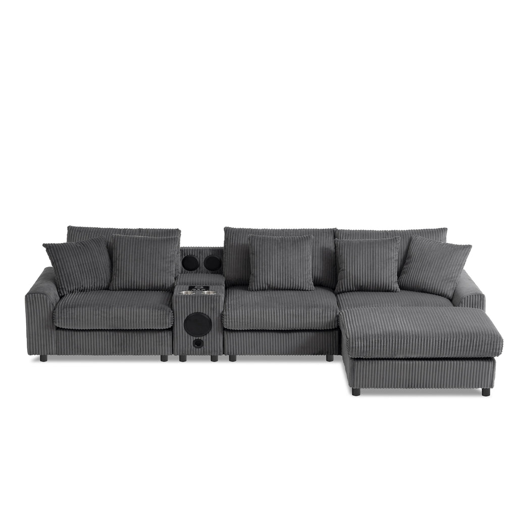 Modular Corduroy Sectional Sofa with Bluetooth Speakers, USB Charger, Cup Holders, Storage, and Ottoman in Dark Gray