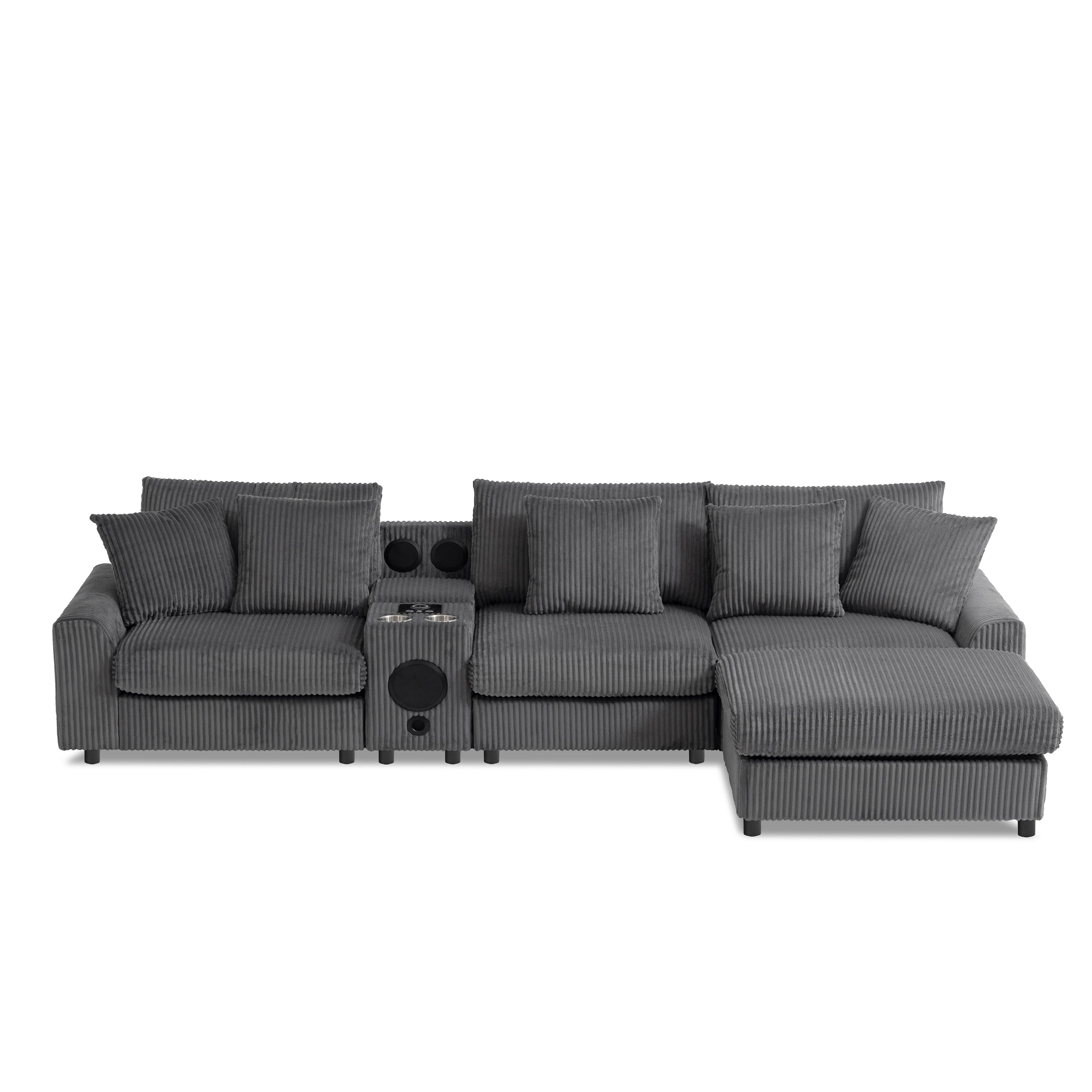 Modular Corduroy Sectional Sofa with Bluetooth Speakers, USB Charger, Cup Holders, Storage, and Ottoman in Dark Gray