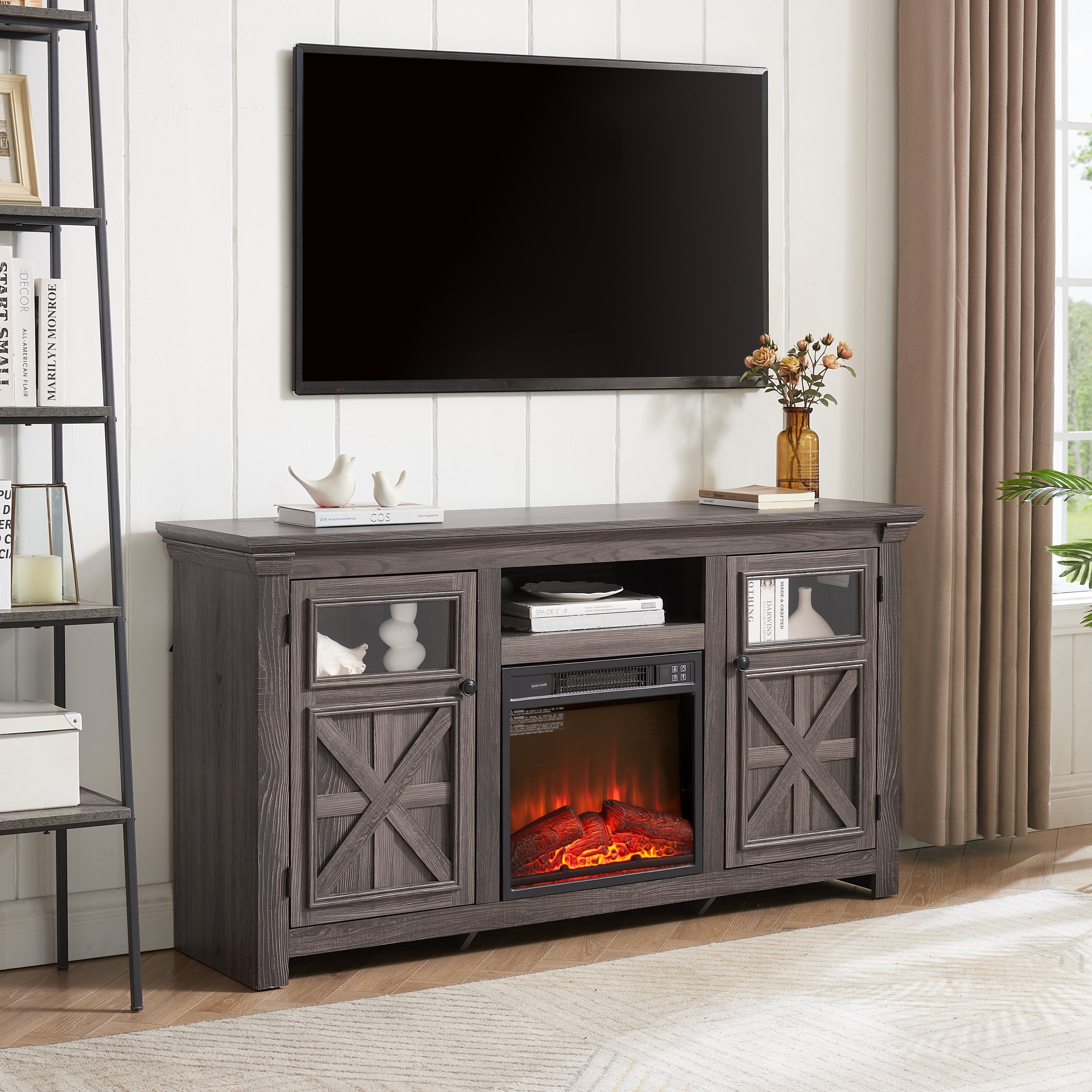 2 Doors Cabinet Farmhouse  Cabinet, Farmhouse TV Stand Barn Design,Farmhouse TV Media Stand, Large Barn Inspired Home Entertainment Console with 18' fireplace insert,GREY, 60.23'W*15.35'D*31.7'H