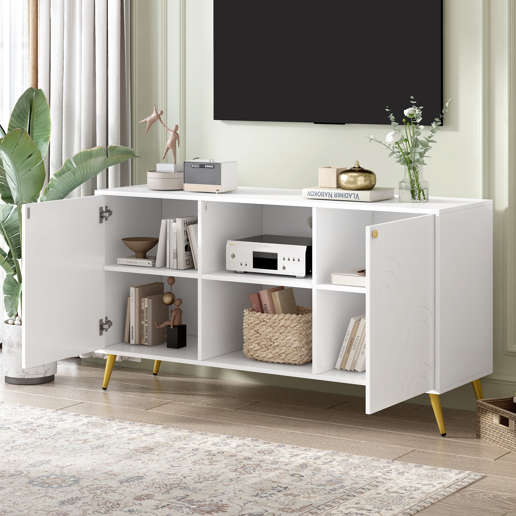 U-Can Modern TV Stand for TVs up to 55 Inches, Entertainment Center Media Console,Adjustable Shelf, Metal Legs, Handles and Anti-tip Device for Living room
