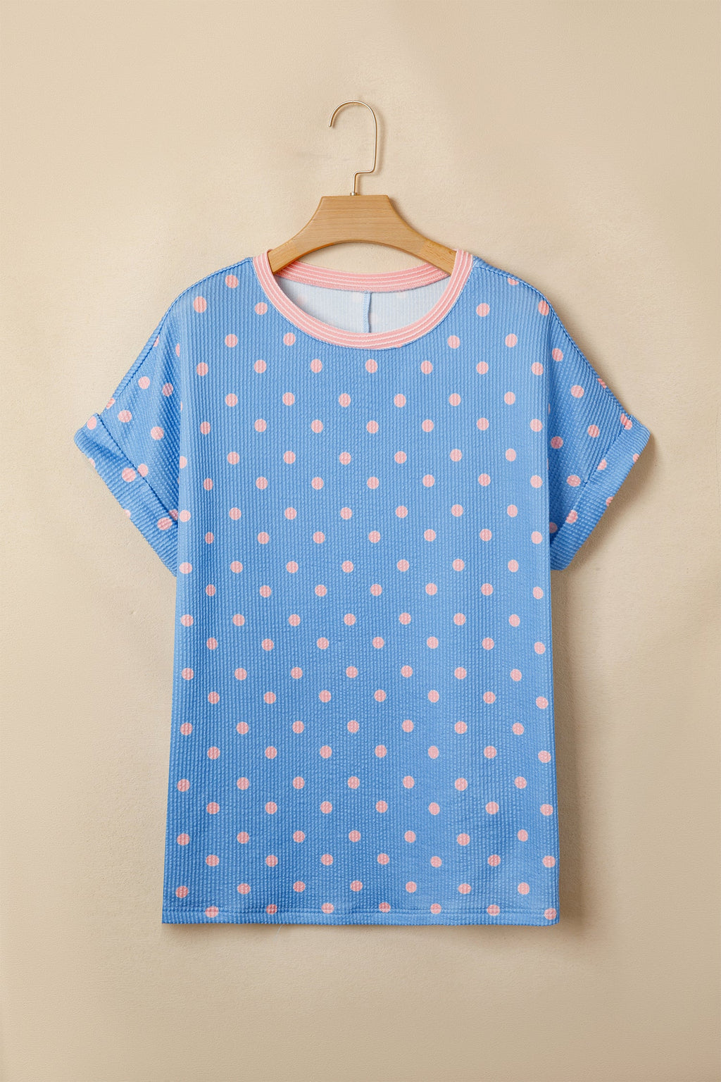 Polka Dot Raised Rib Cuffed Short Sleeve Top