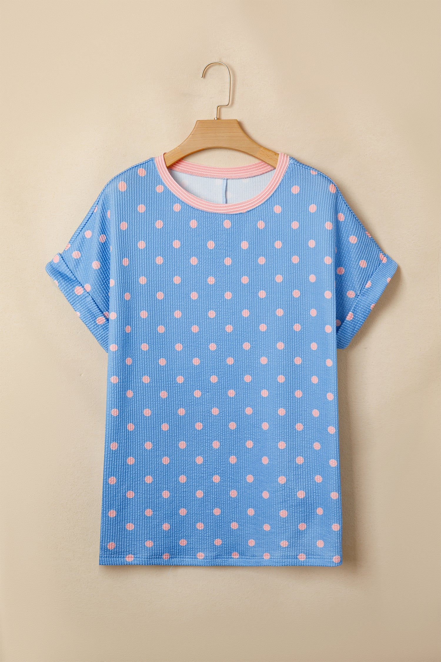 Polka Dot Raised Rib Cuffed Short Sleeve Top