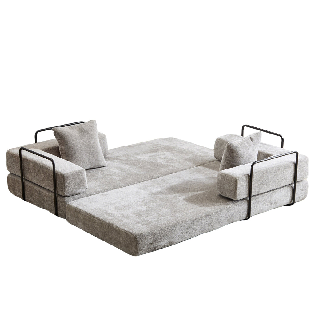 Floor Couch,Compression Sofa,Convertible Floor Sofa Bed-with Pillow Back Support Armrest,Comfy Futon Couch Lounge Sleeper Bed,Chenille fabric,for Living Room Bedroom (LIGHT-GREY)