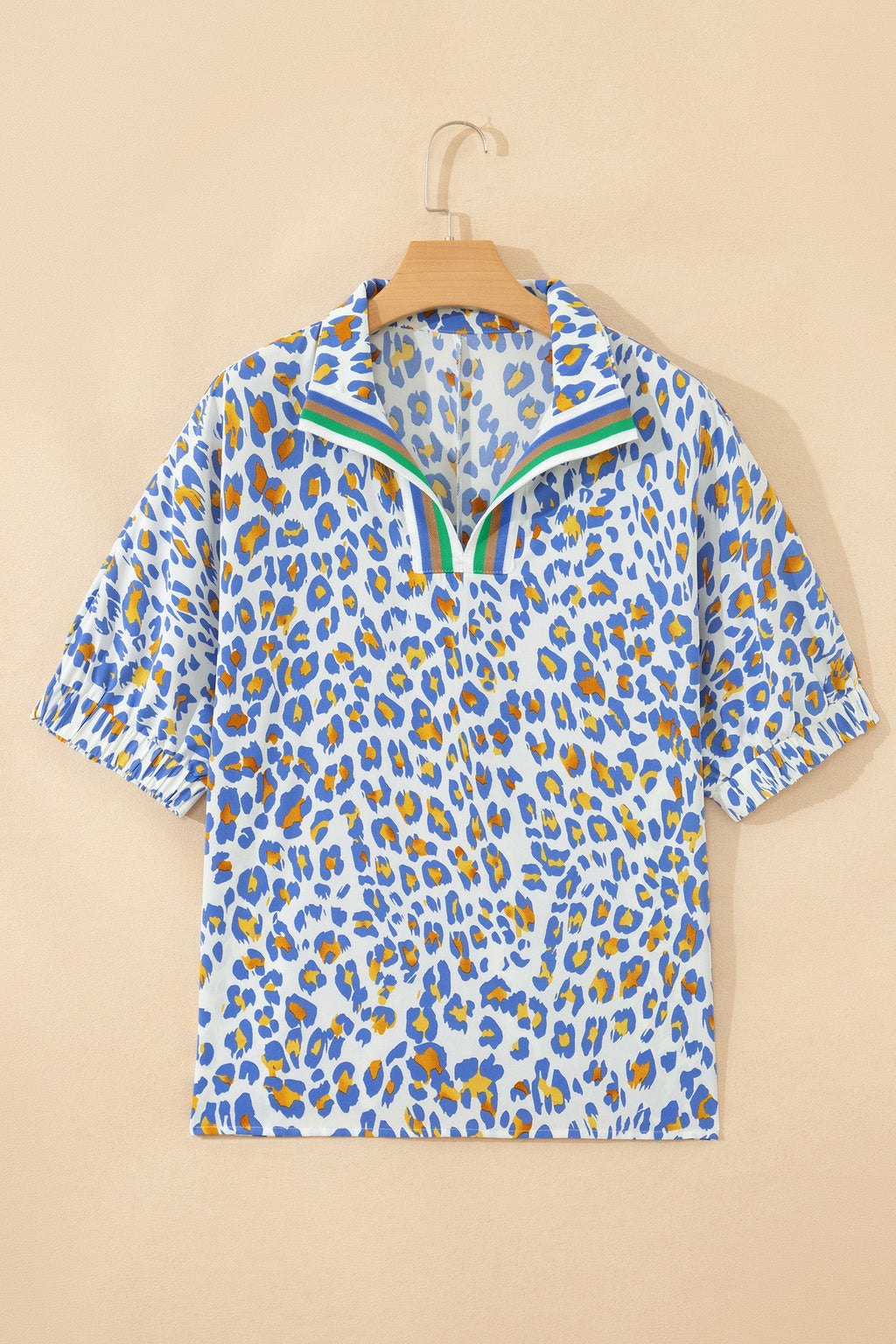 Leopard Colorblock Contrast V-Neck Short Sleeve Blouse
