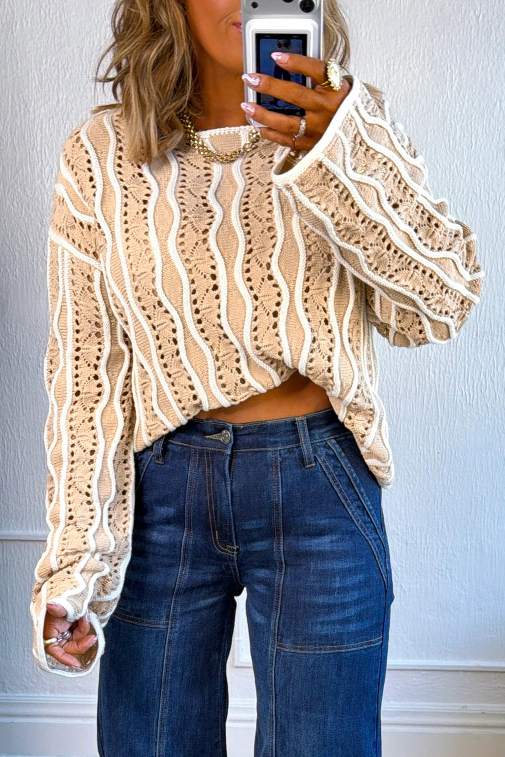 Colorblock Wavy Pointelle Knit Long Sleeve Sweater