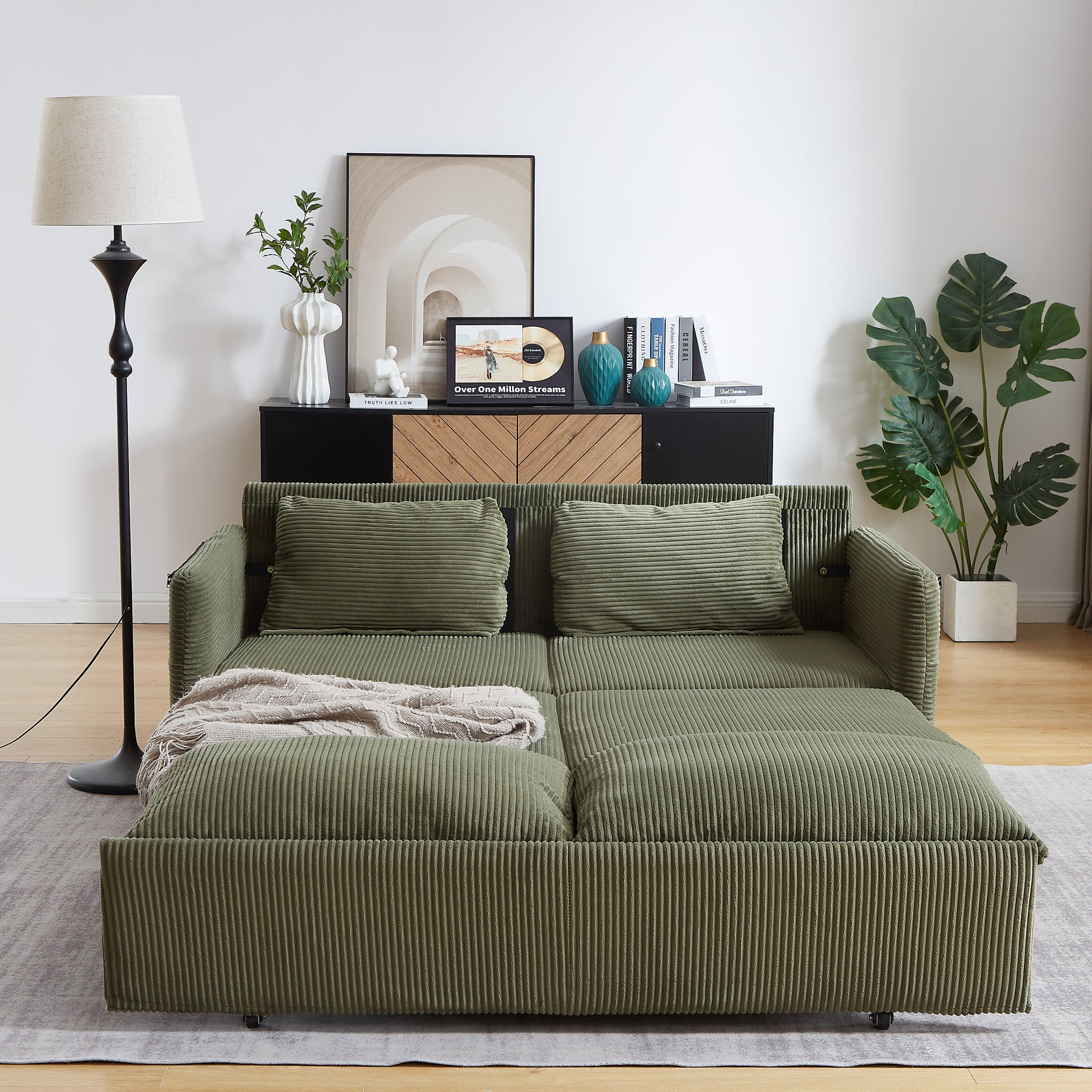 MH'' 64.5 Inch Sleeper Sofa Bed  3-in-1 Adjustable Sleeper with Pullout Bed   2 Pillows and Side Pockets  Soft Corduroy Convertible Sleeper Sofa Bed for Living Room Bedroom Apartment Office