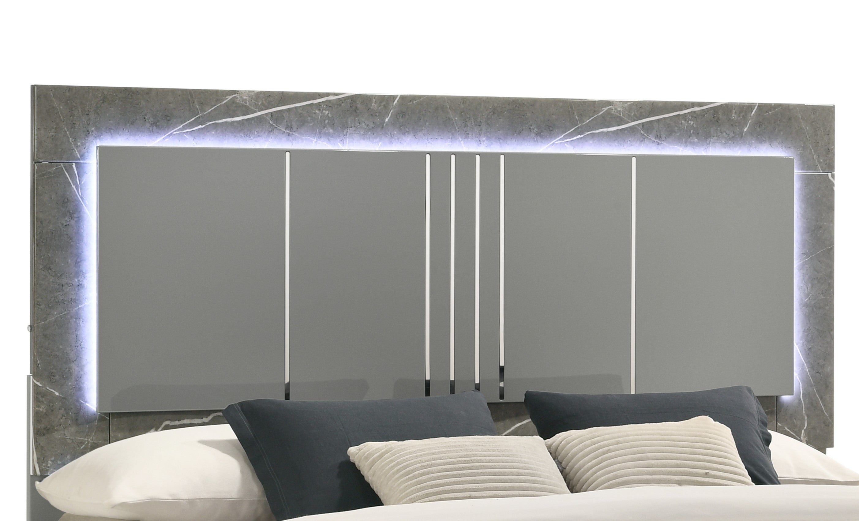 Elara Queen 5-Piece Set – Two-Tone High-Gloss Marble & Lacquer Finish with LED Lighting, Metal-Finished Legs, Spacious Storage- Gray (NJ Inventory)