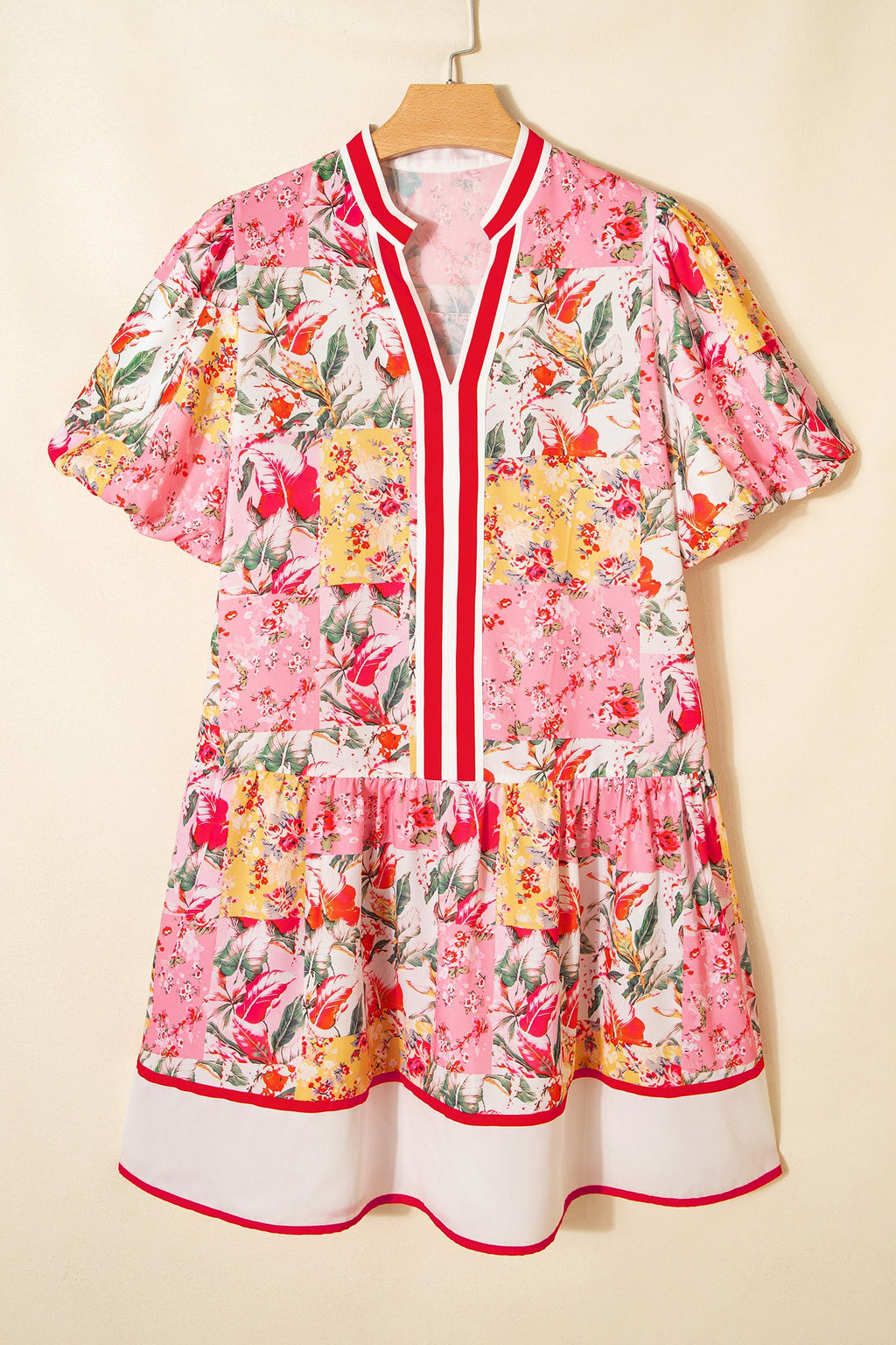 Floral Colorblock Trim V-Neck Ruffle Mini Dress