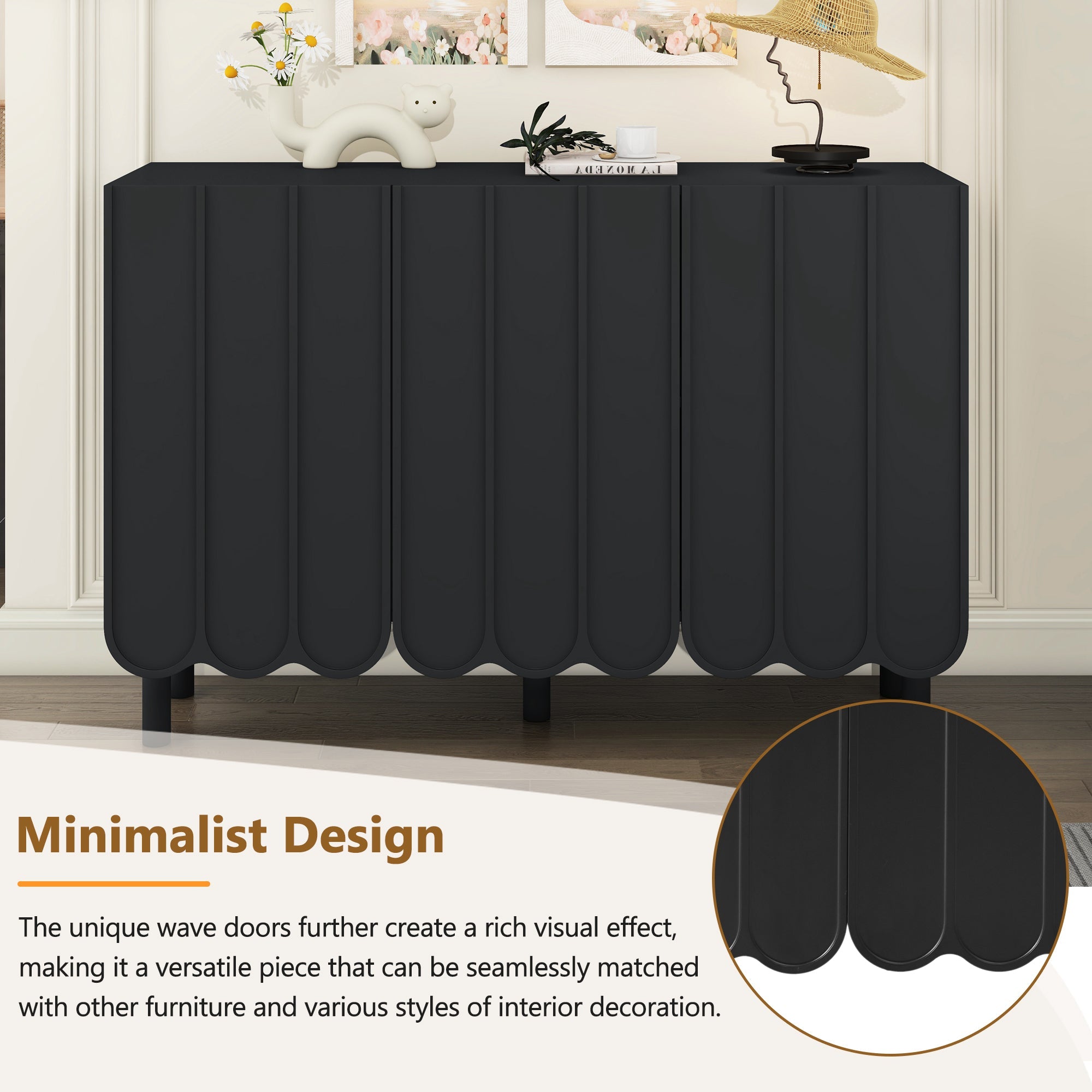 ON-TREND Cream Style Minimalist Shoe Cabinet with 5 Solid Wood Legs, Sideboard Buffet Cabinet with Adjustable Shelves, Large Storage Cabinet with Wave Doors for Living Room, Black