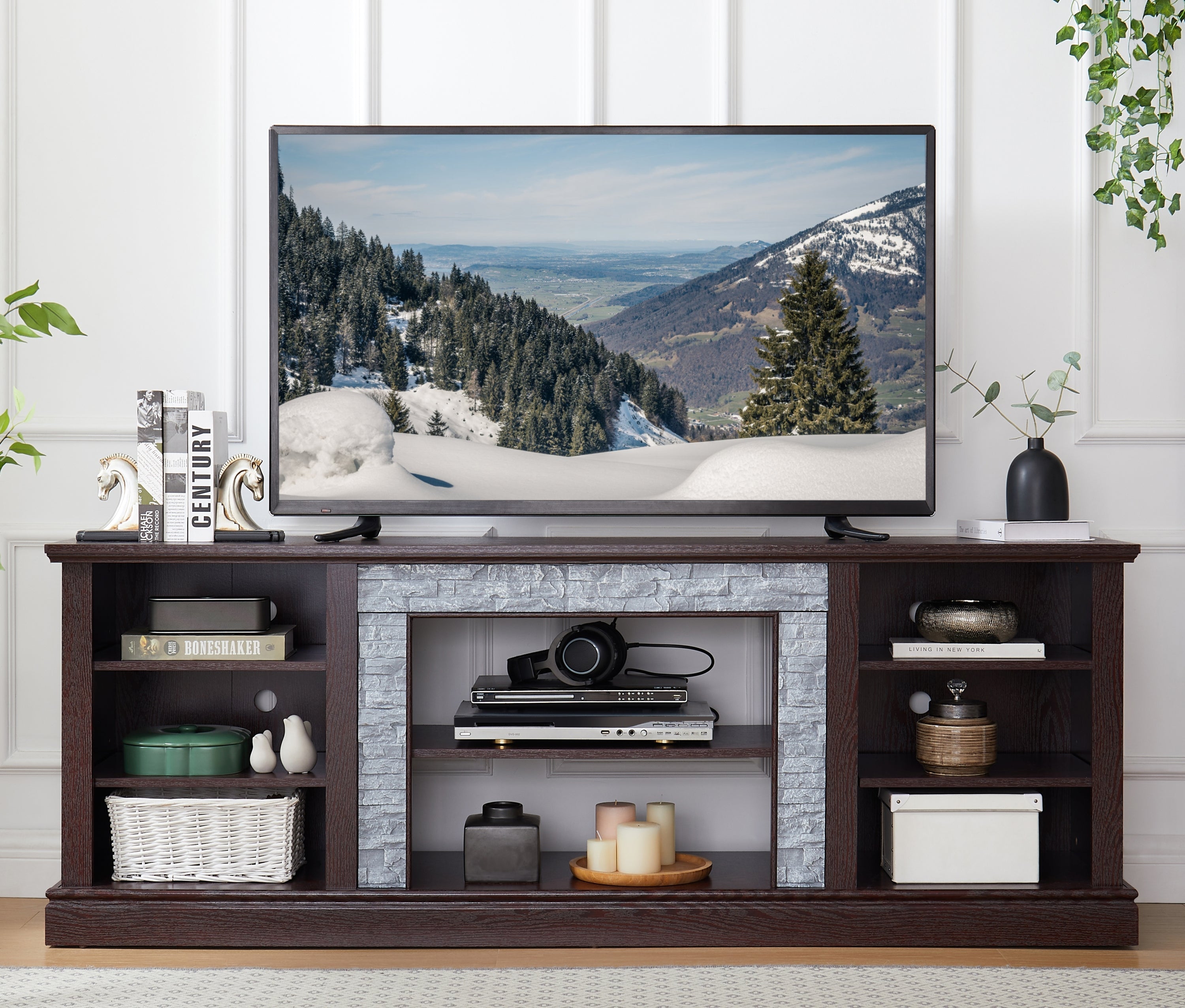 Large Faux Stacked Stone TV Stnad, Desk Storage Rack, Media Console Table with Large Storage Cabinet,Modern TV Media Entertaionment Stand,Cherry, 70.12'W*15.35'D*25.83'H