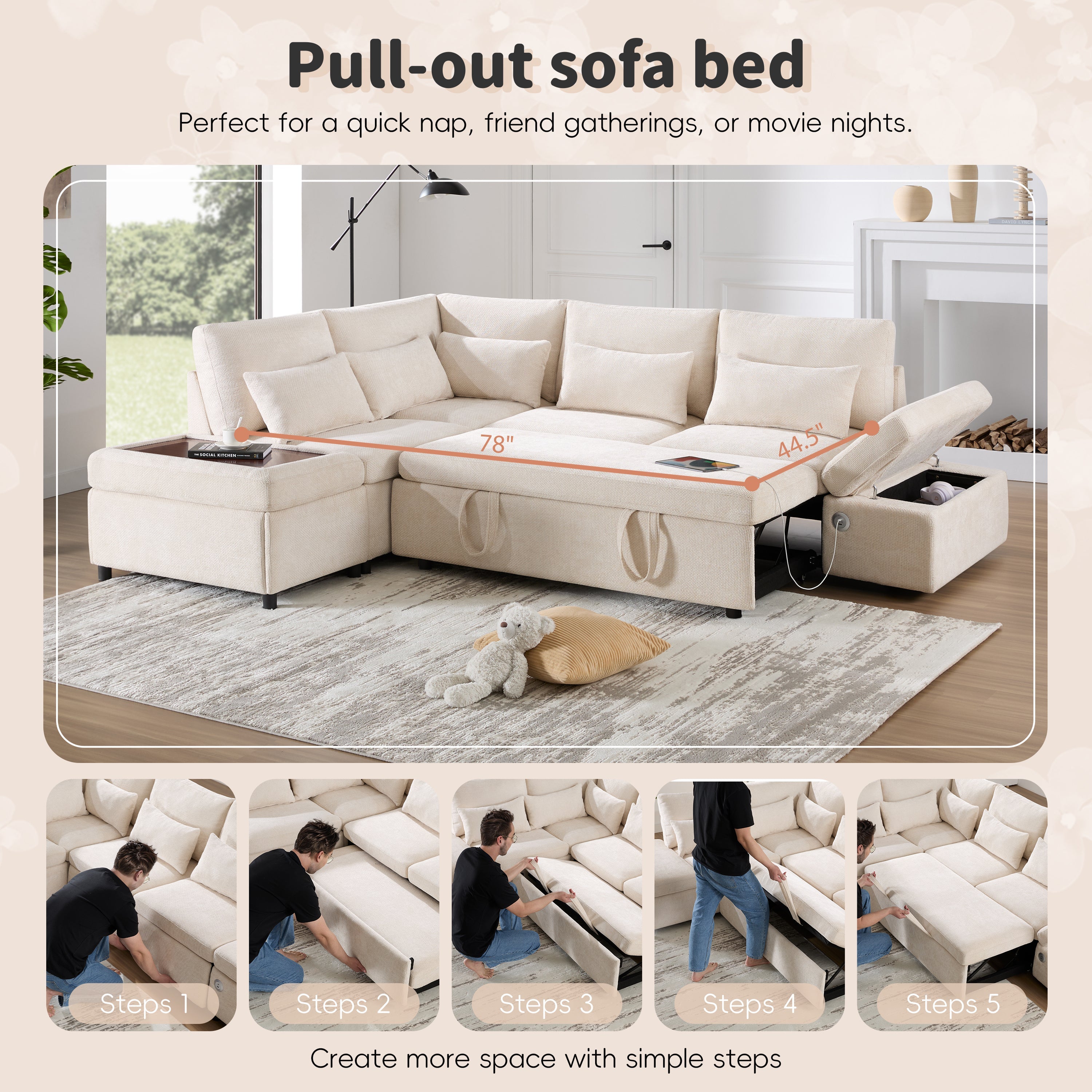[VIDEO] 107'' Modular Sectional Pull-out Sofa, L shape with Wide Seats, Free Movement Storage Ottoman, Free Combination, Oversize Chenille Sofa for Living Room & Apartment, 2 colors
