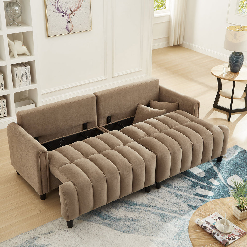 83''  Futon Sofa Bed, Polyester Fabric Comfy Futon Couch Bed with 2 Square Pillows, Convertible Sleeper Sofa with Adjustable Backrest,  Modern Loveseat Sleeper for Living Room, Brown