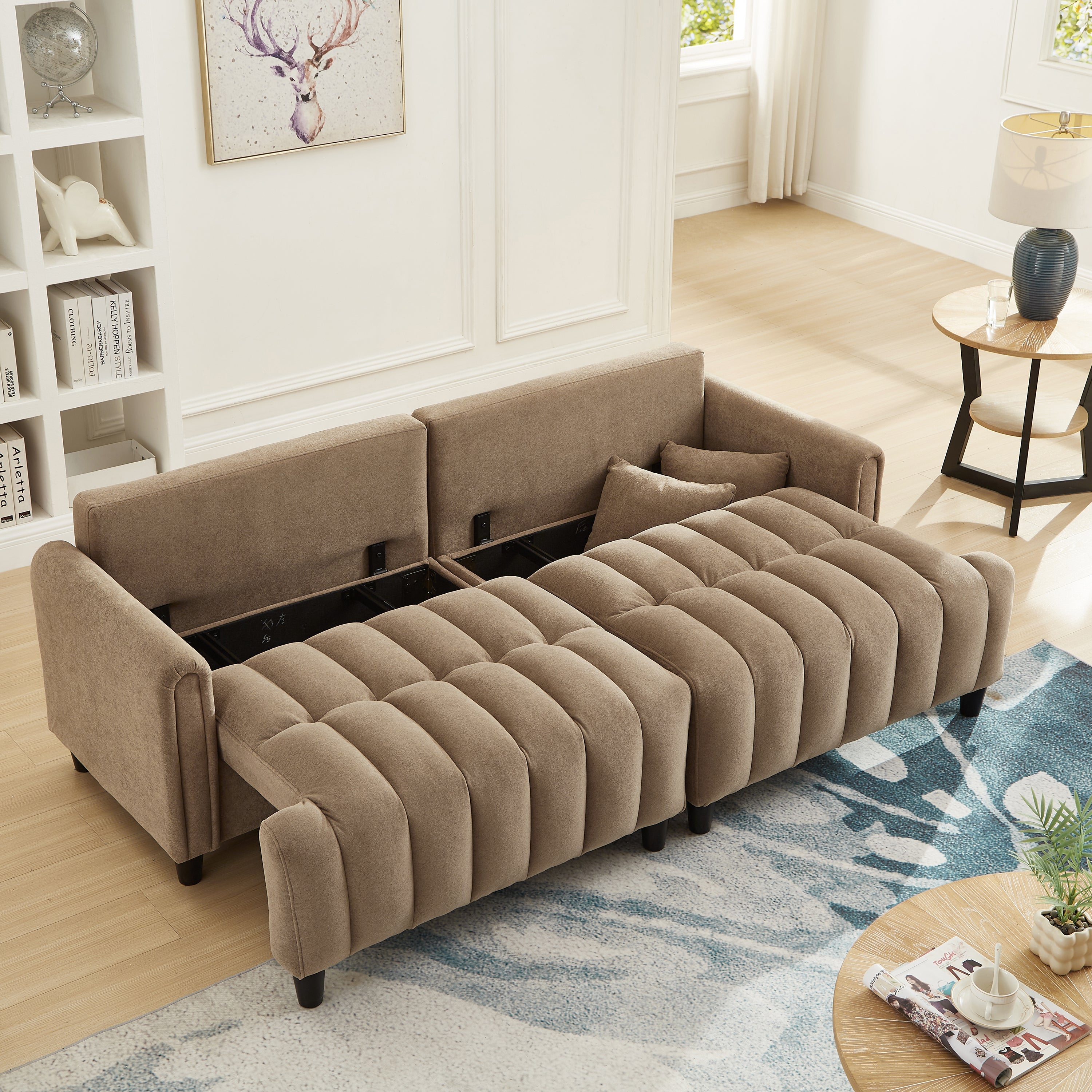 83''  Futon Sofa Bed, Polyester Fabric Comfy Futon Couch Bed with 2 Square Pillows, Convertible Sleeper Sofa with Adjustable Backrest,  Modern Loveseat Sleeper for Living Room, Brown