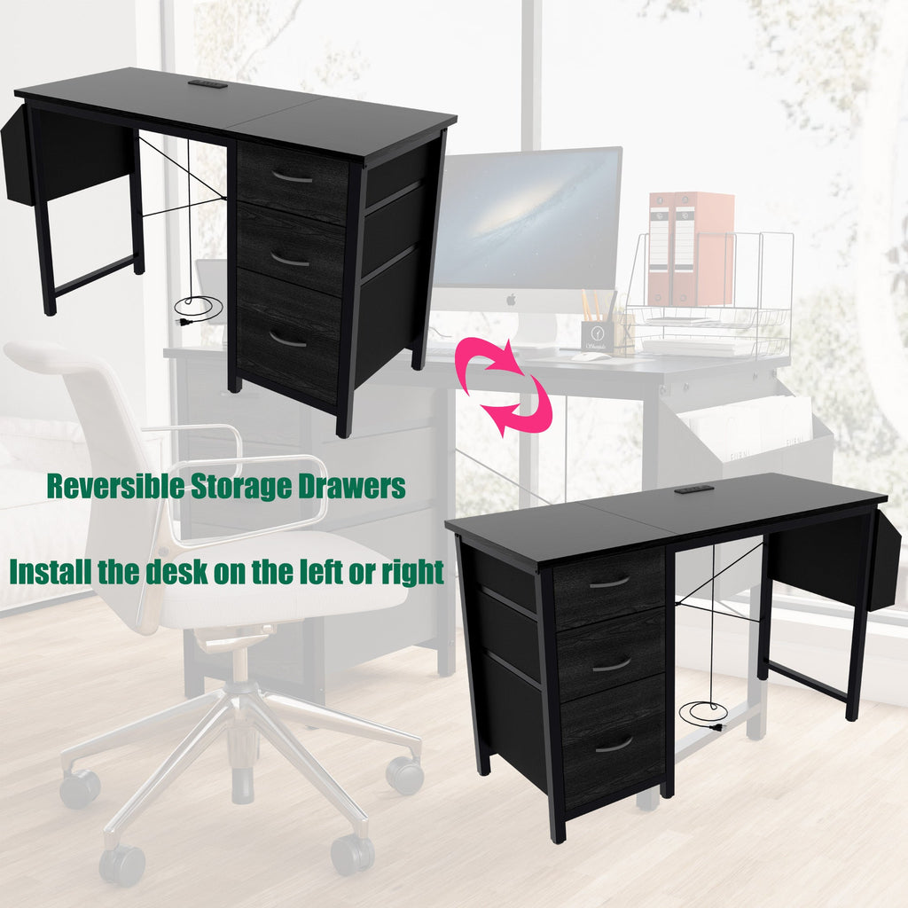 47.3'office desk with power outlet,3 drawers,Large Side Pocket, Desk Easy to Assemble,Frame stability Reversible,  for home desk, computer desk, game table,Writing desk,Vanity table, black