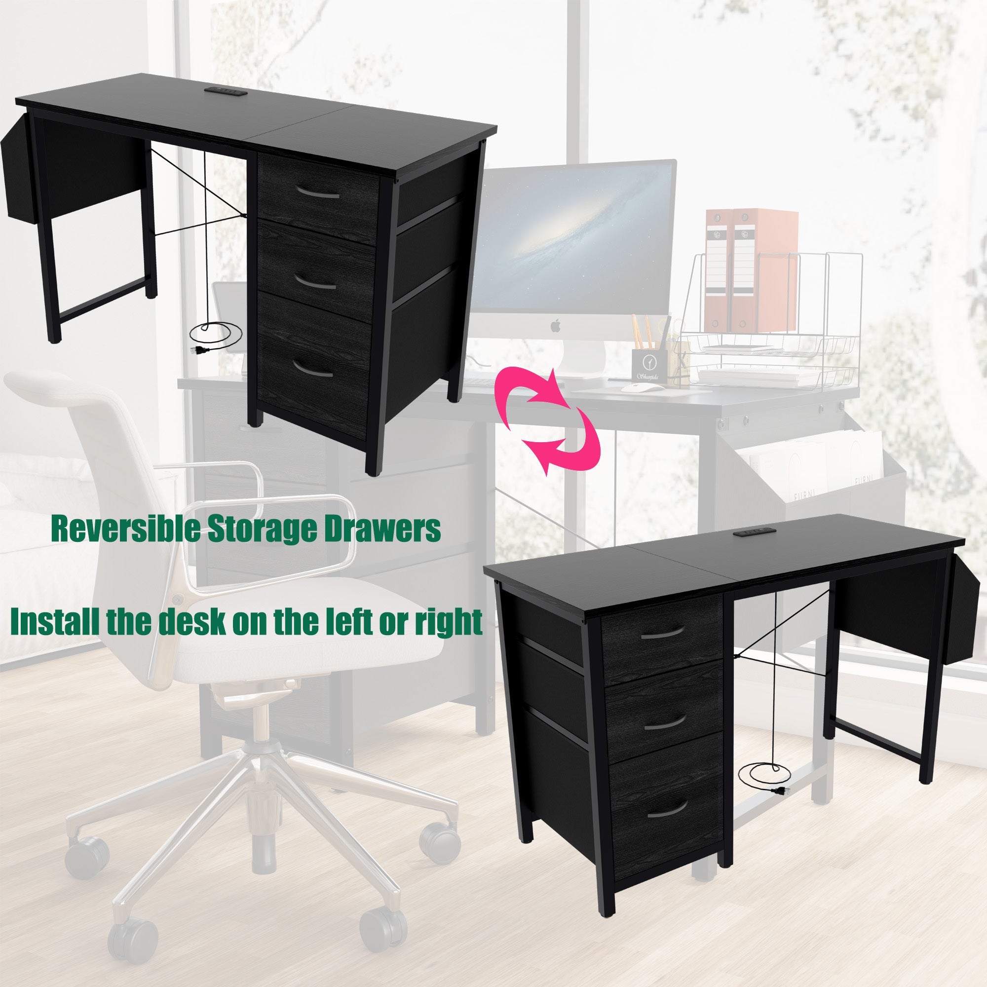 47.3'office desk with power outlet,3 drawers,Large Side Pocket, Desk Easy to Assemble,Frame stability Reversible,  for home desk, computer desk, game table,Writing desk,Vanity table, black