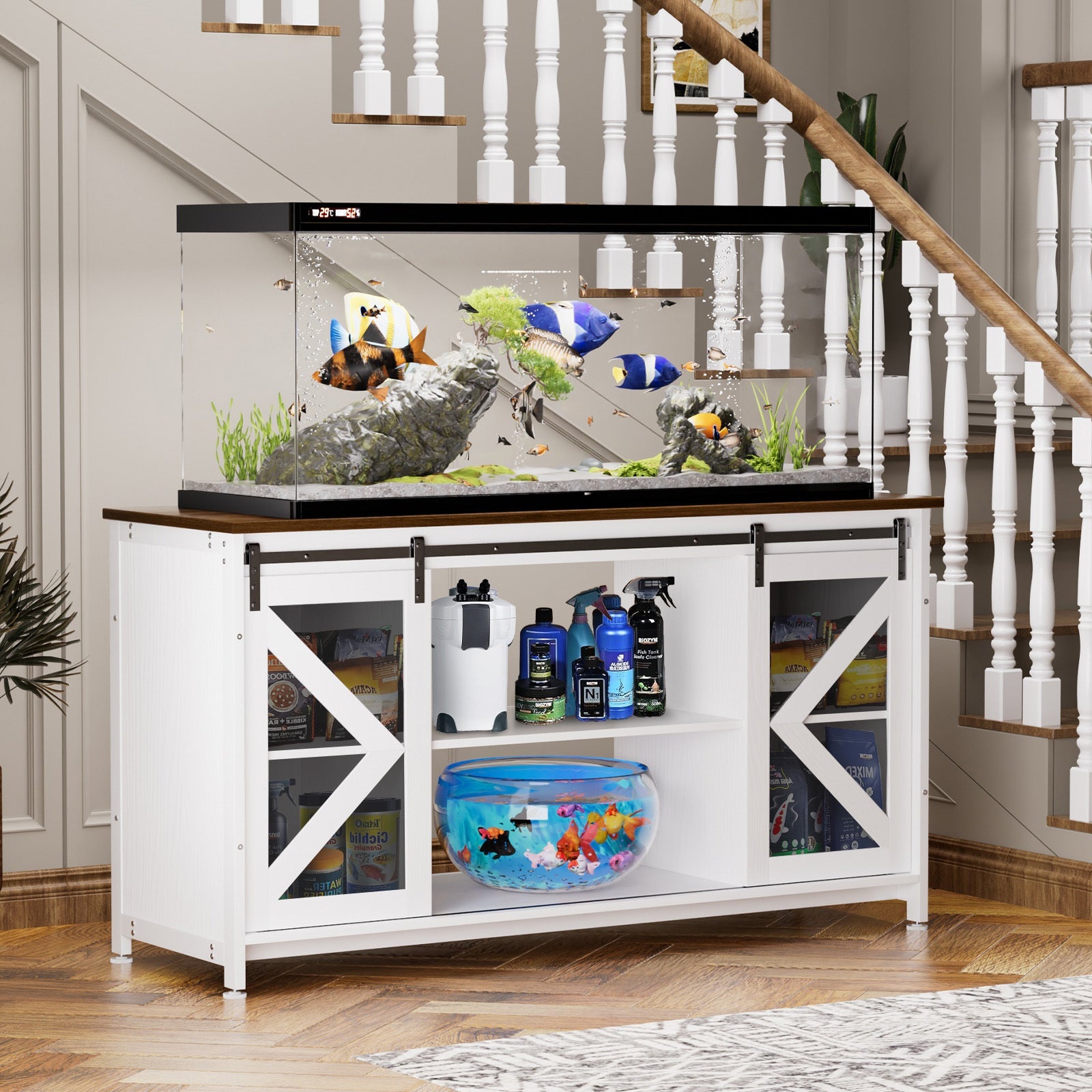 Metal Aquarium Stand with Cabinet for Fish Tank Accessories Storage, 80 Gallon, Turtle/ Reptile Terrariums, White, 58.9'' L x 19.7'' W x 32.6'' H.