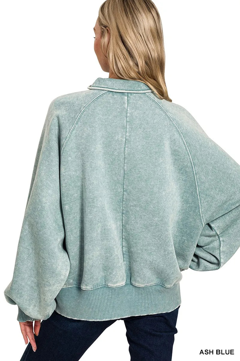 Zenana Acid Wash Fleece Collared Sweatshirt Cozy Everyday