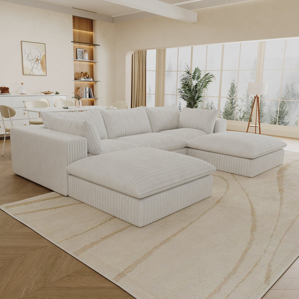 118.2' Cloud Sofa,Corduroy Fabric,Deep Seat Couches,Double-layer design,Removable Cushion,No Assembly, DIY Combination for Living room, Bedroom,Conference room ,Apartment,White