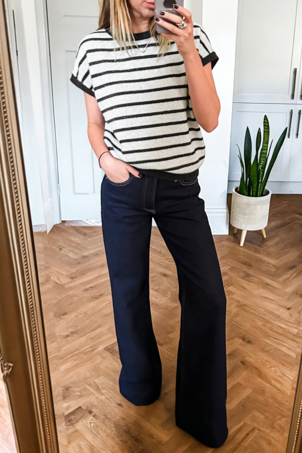 Stripe Bow Applique Short Sleeve Sweater