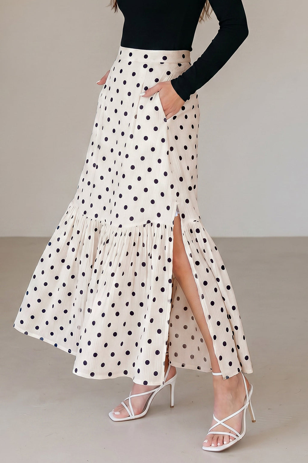 Polka Dot Ruffle Side Slit Maxi Skirt