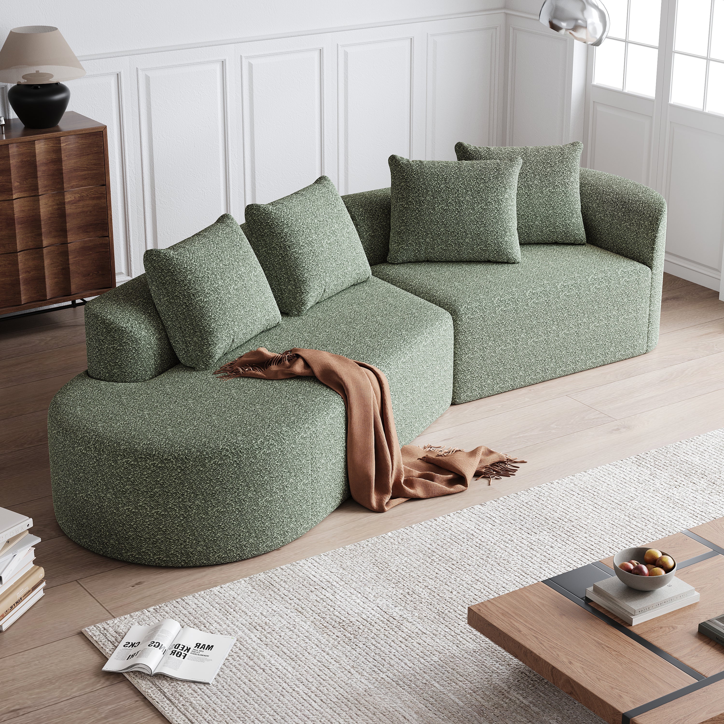 Modern Upholstered Oversized Sectional Sofa, 112-Inch Chenille 4-Seater Extra Deep & Wide Seat Curved Cloud Couch with 4 Throw Pillows, Free Combination Sofa Couch for Living Room,Bedroom