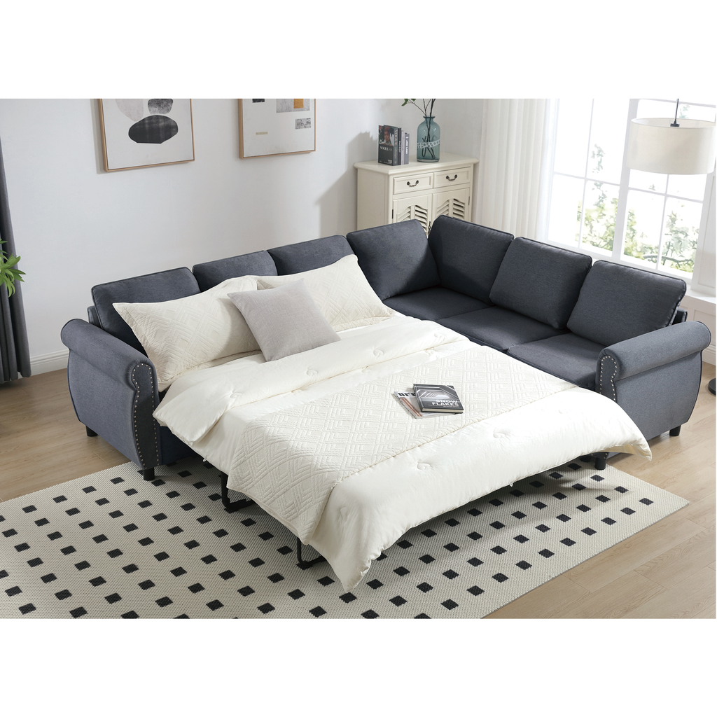 [NEW ARRIVED] [VIDEO PROVIDED] Sleeper Sofa, 2 in 1 Pull Out Couch Bed,6 seater sofa bed, L Shaped Sleeper Sectional Sofa Couch,Riveted sofa,104'' Large combined sofa Bed in living room, GRAY