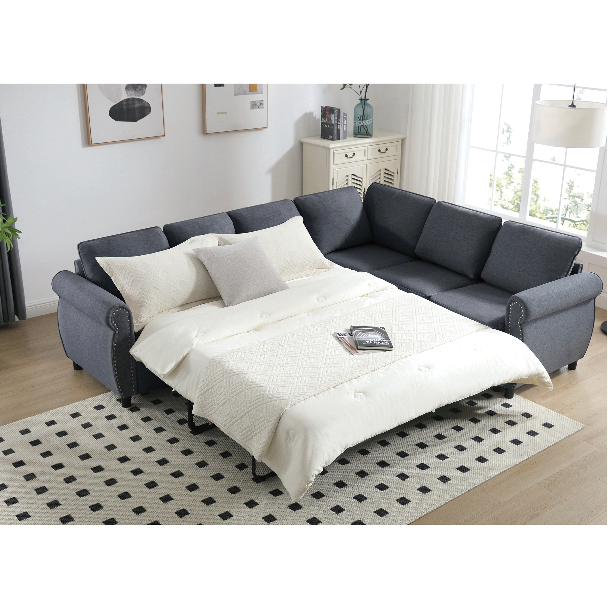[NEW ARRIVED] [VIDEO PROVIDED] Sleeper Sofa, 2 in 1 Pull Out Couch Bed,6 seater sofa bed, L Shaped Sleeper Sectional Sofa Couch,Riveted sofa,104'' Large combined sofa Bed in living room, GRAY