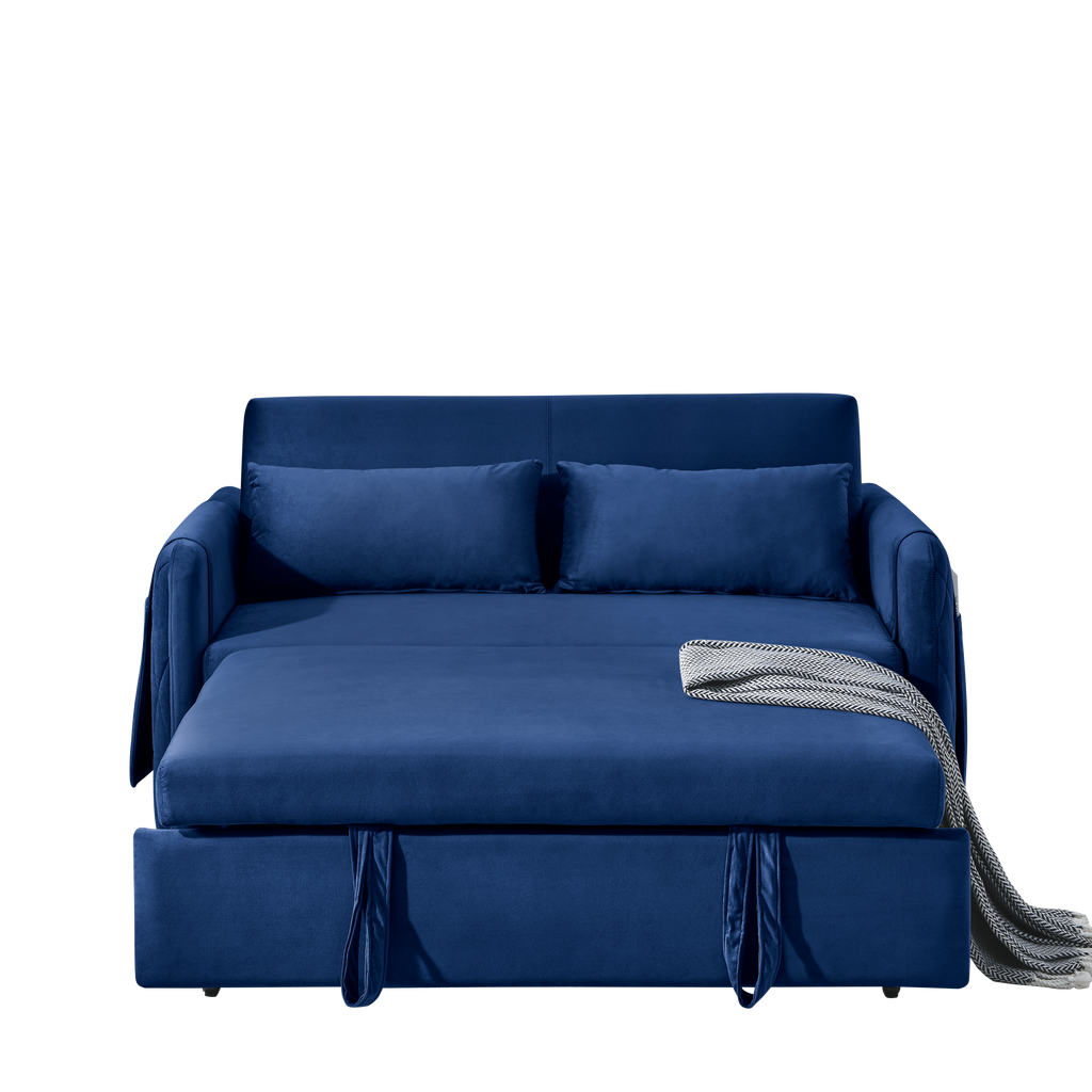 55' Modern Convertible Sofa Bed with 2 Detachable Arm Pockets, Velvet Loveseat Sofa with Pull Out Bed, 2 Pillows and Living Room Adjustable Backrest, Grid Design Armrests