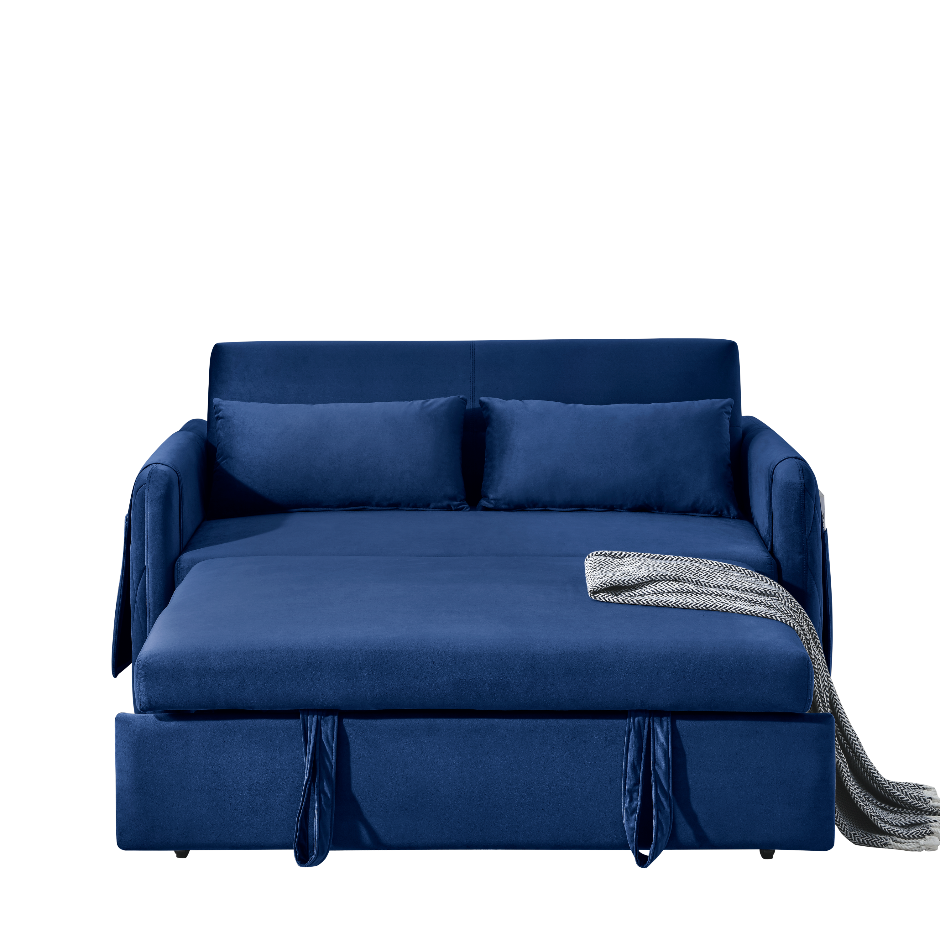 55' Modern Convertible Sofa Bed with 2 Detachable Arm Pockets, Velvet Loveseat Sofa with Pull Out Bed, 2 Pillows and Living Room Adjustable Backrest, Grid Design Armrests