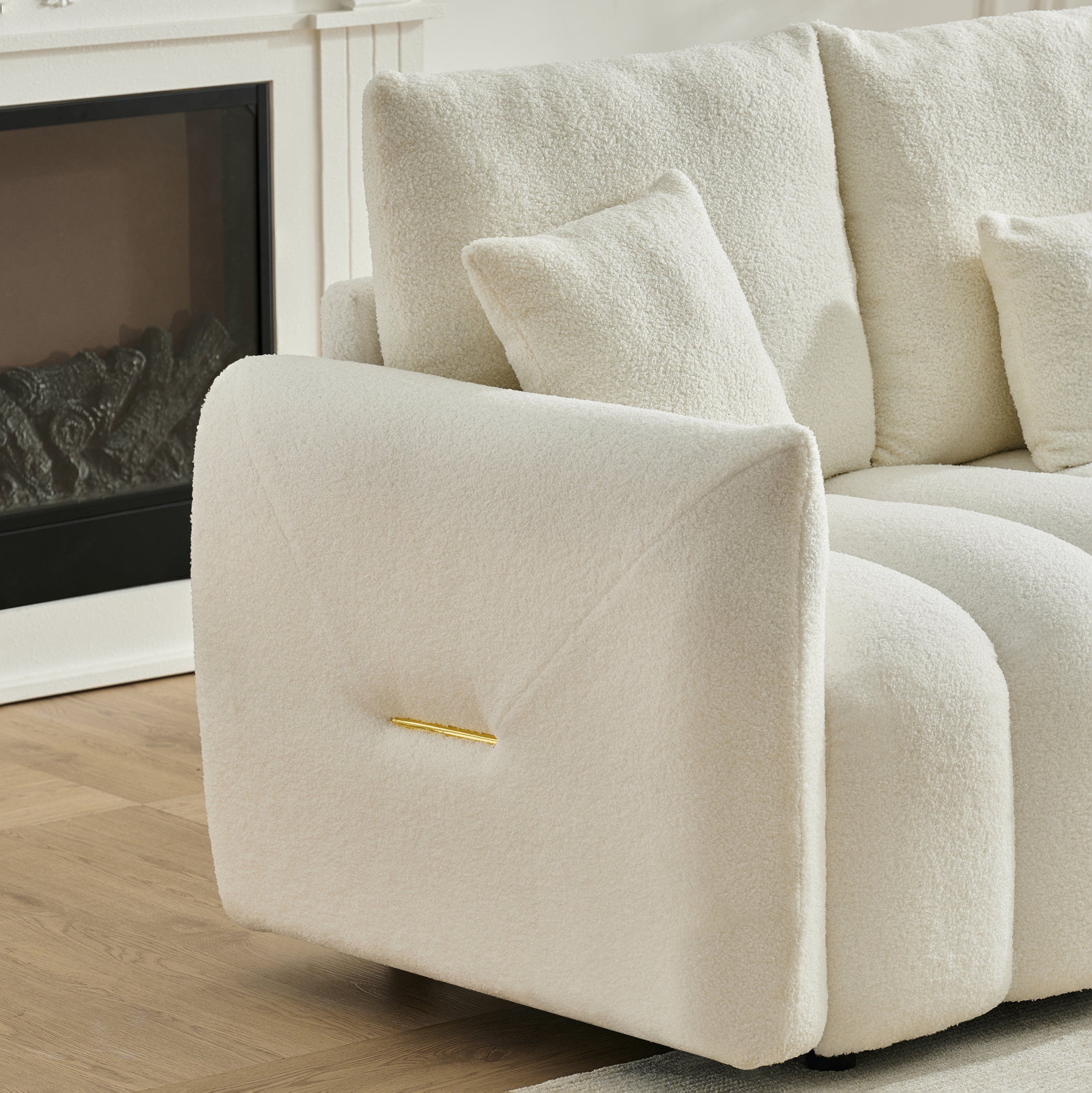 92-inch high-quality teddy fur fabric corner sofa, with USB port, center console and coffee table. A super large cushioned sofa, suitable for grand living rooms, apartments and offices.