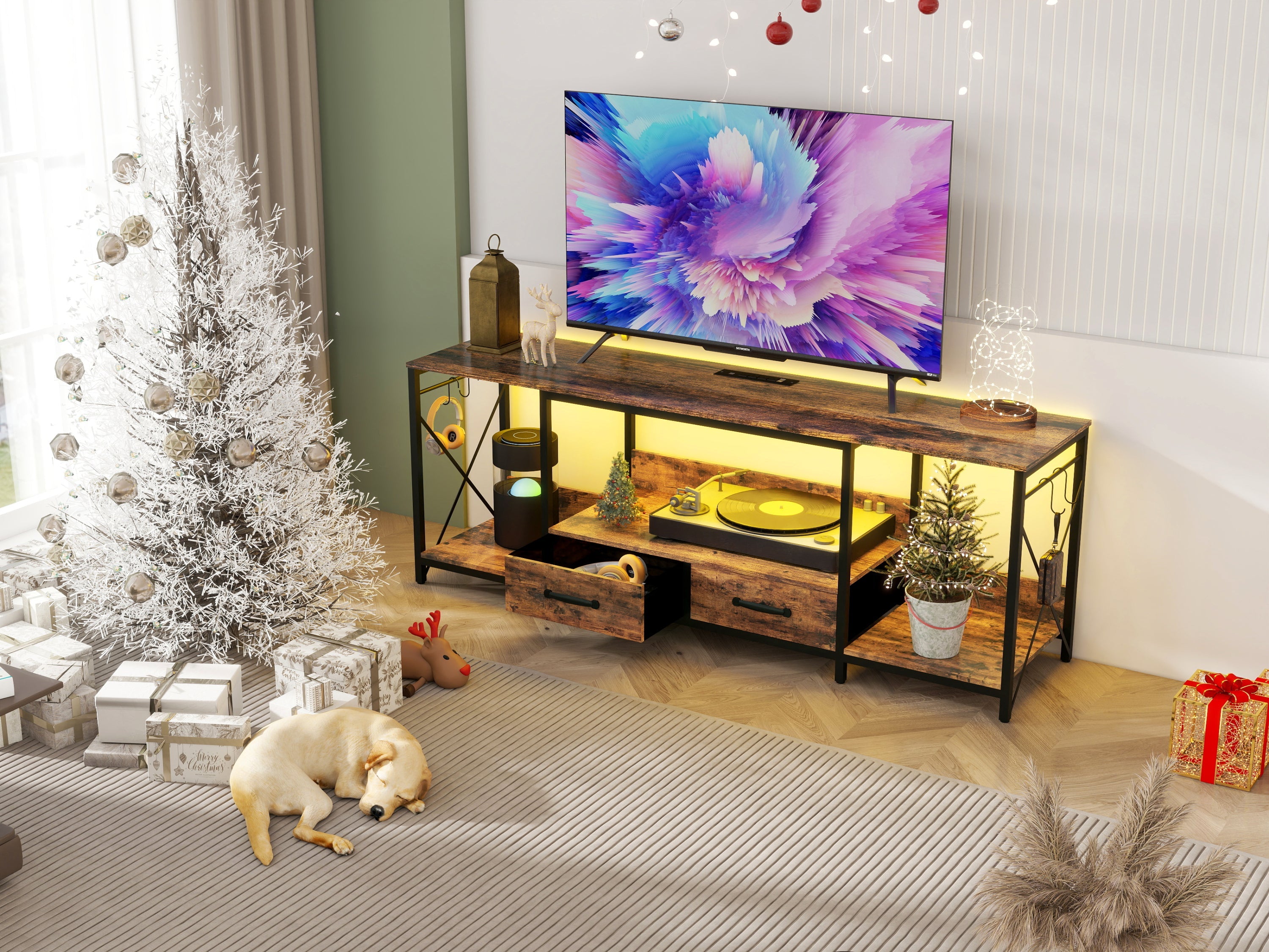 There are installation videos + scene videos .TV Stand with LED Lights Power Outlets  -  TV Stand with Fabric Drawers for 65 70 75 Inches TV -Can also be used in multiple scenes, living room, bedroom,