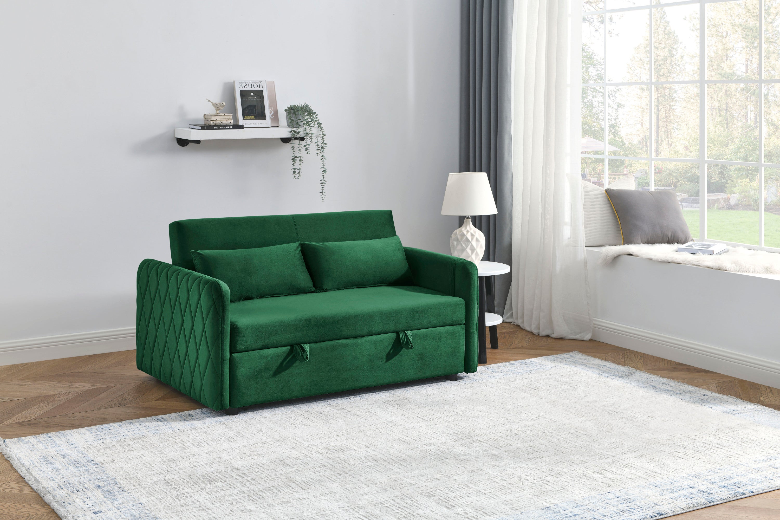55' Modern Convertible Sofa Bed with 2 Detachable Arm Pockets, Velvet Loveseat Sofa with Pull Out Bed, 2 Pillows and Living Room Adjustable Backrest, Grid Design Armrests