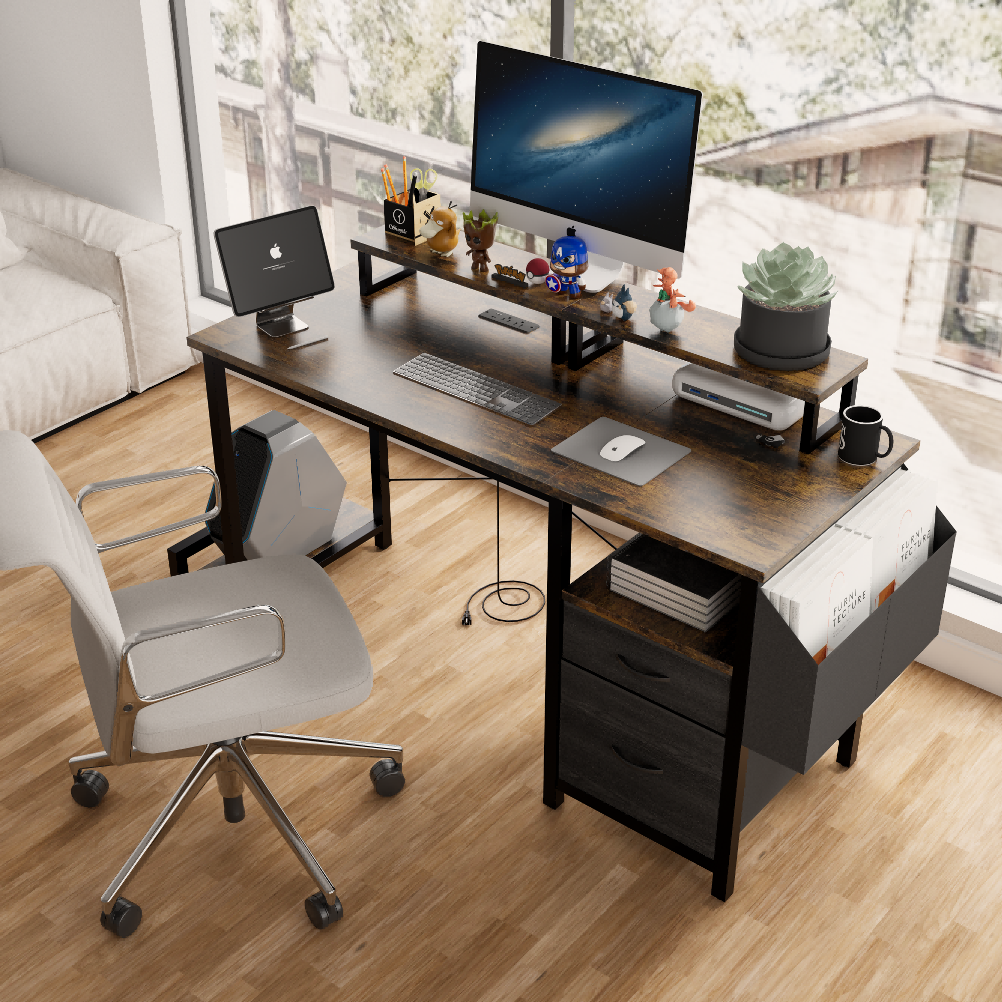 Computer Desk with Drawer and Power Outlets, 47' Office Desk with 2 Monitor Stands and Fabric File Cabinet, Writing Gaming Table with Shelves and Hooks for Home Office, Rustic Brown