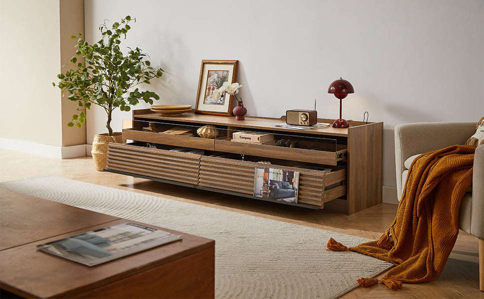 Mirod Modern TV Stand with Ample Storage,4 Drawer Design with Tempered Glass ,Built-in Charging Ports and Ambient LED Lighting ,Versatile for Any Decor Style