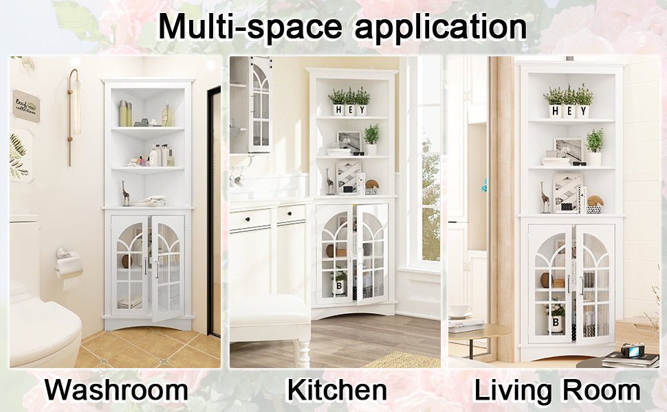 Corner Storage Cabinet, 63.3' Tall Freestanding Bookcase with  Doors & Adjustable Shelves, 5-Tier Corner Display Cabinet for Living Room, Office, Dining Room, White