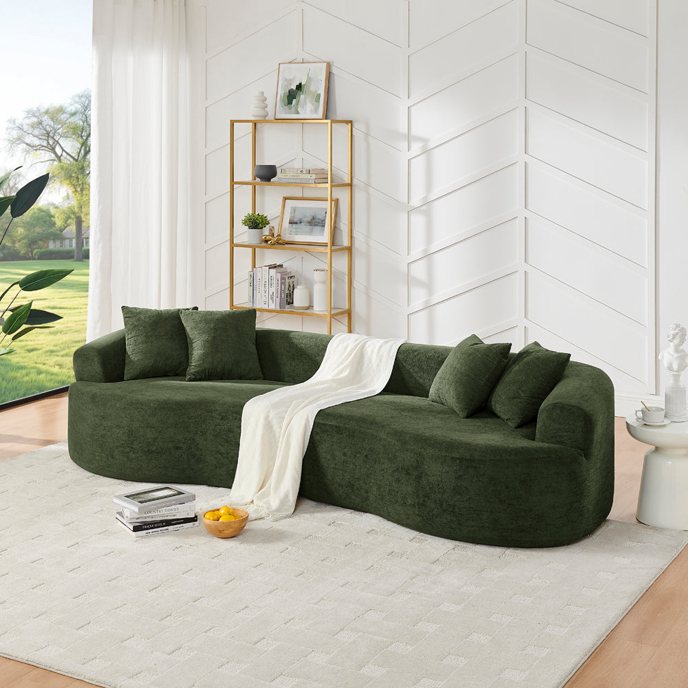 Modern Cloud 4-Seater Sectional Curved Sofa, Minimalist Compression Living Room Couch, No Assembly Needed, Chenille, Green