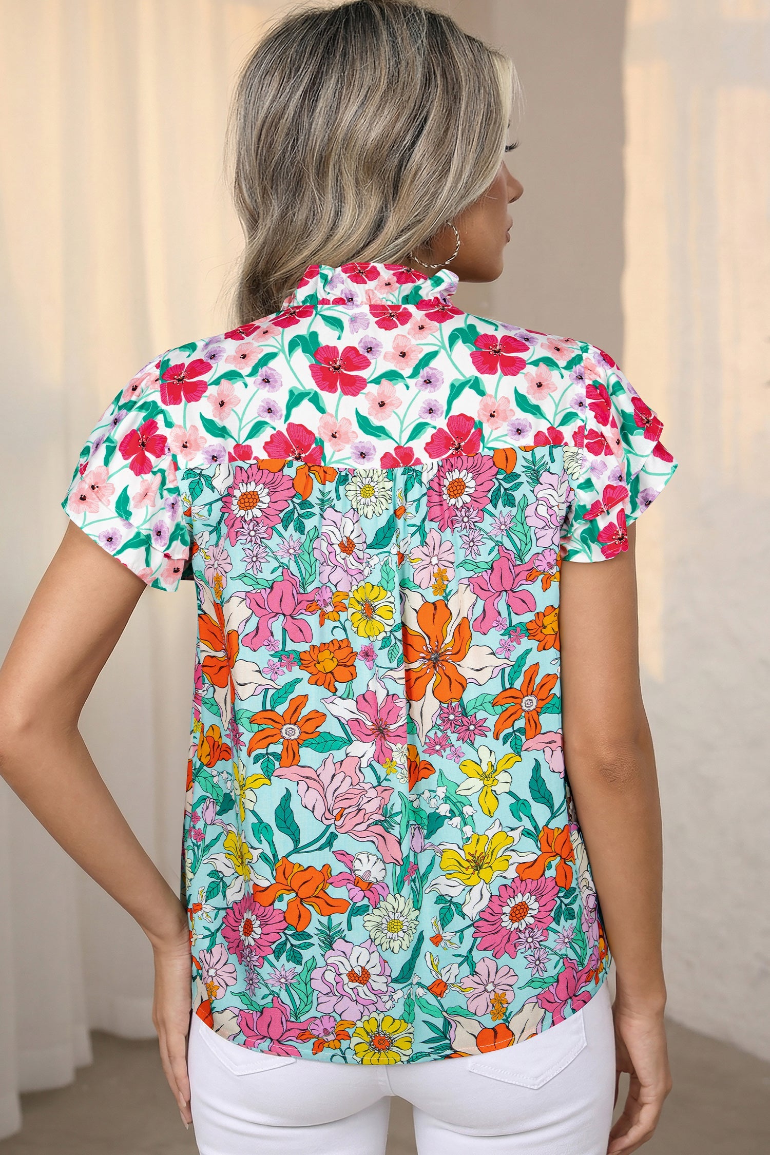 Floral Flutter Sleeve Split Neck Buttoned Blouse