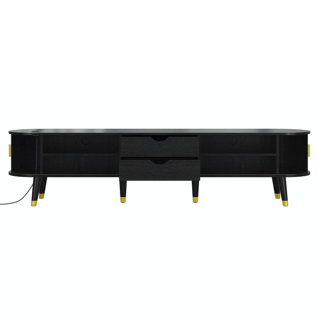 [Assembly Video]Wooden Oval Fluted TV Stand with Charging Station for TV up to 80', Mid-Century Media Console with Sliding Tambour Door, Farmhouse TV Cabinet with Golden Handle for Living Room, Black