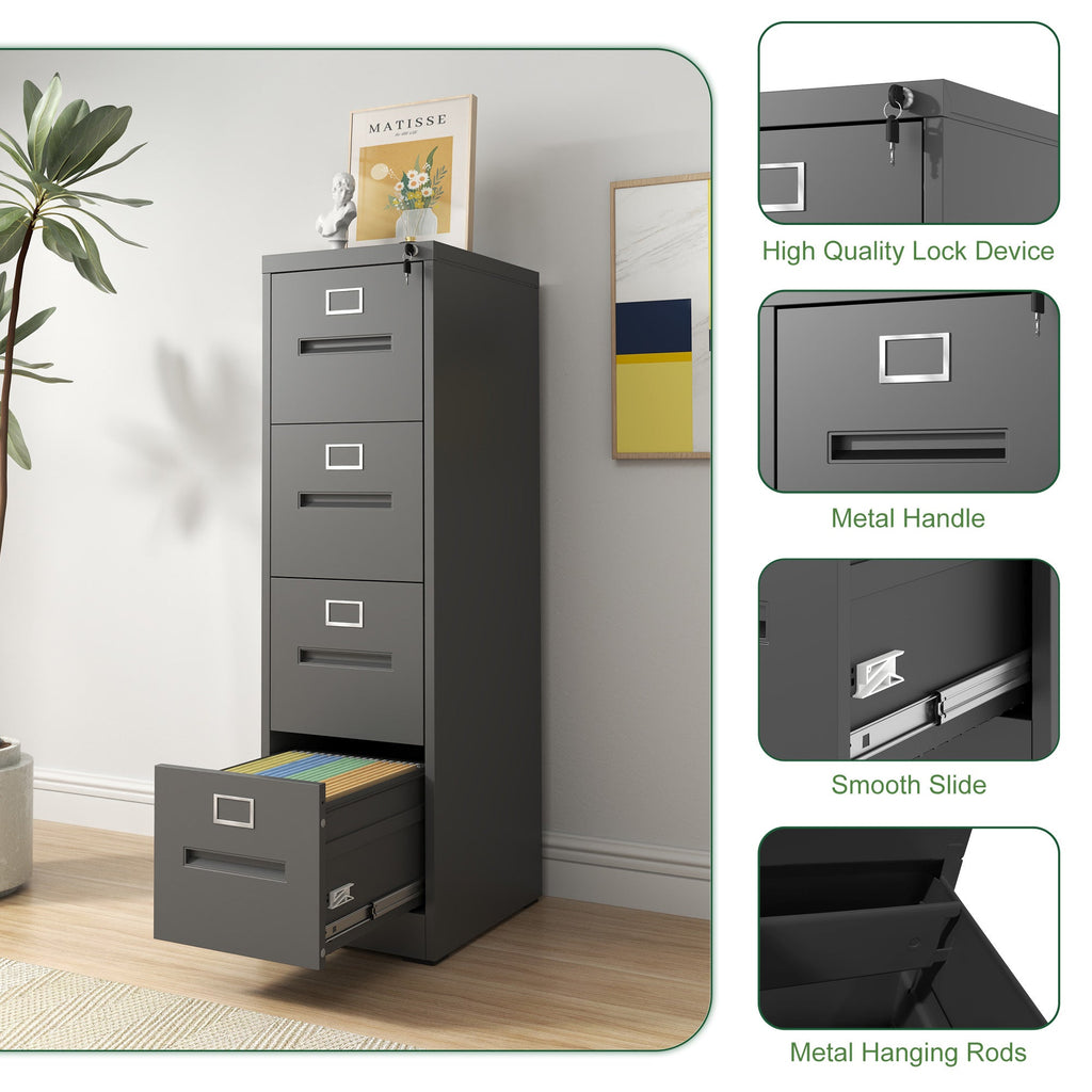 Premium 4 Drawer File Cabinet with Lock Metal Vertical File Cabinet for Office or Home in Black Steel, A4 Legal/Letter Size