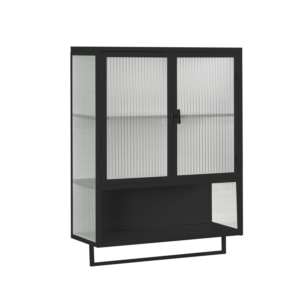23.62'Glass Doors Modern Two-door Wall Cabinet with Featuring Two-tier Enclosed Storage, an Open Shelf, and Towel Rack, for Entryway Living Room Bathroom Dining Room,Black