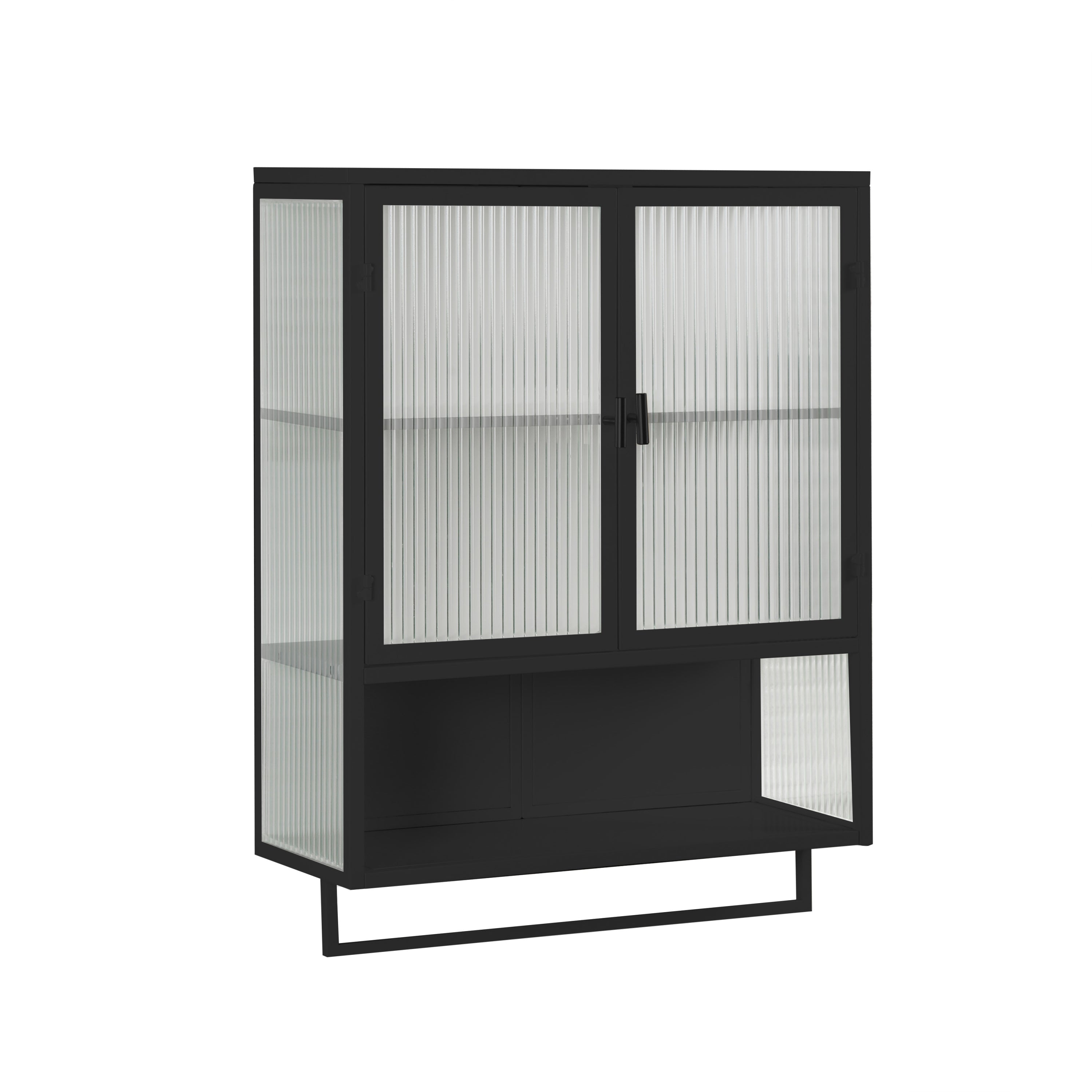 23.62'Glass Doors Modern Two-door Wall Cabinet with Featuring Two-tier Enclosed Storage, an Open Shelf, and Towel Rack, for Entryway Living Room Bathroom Dining Room,Black