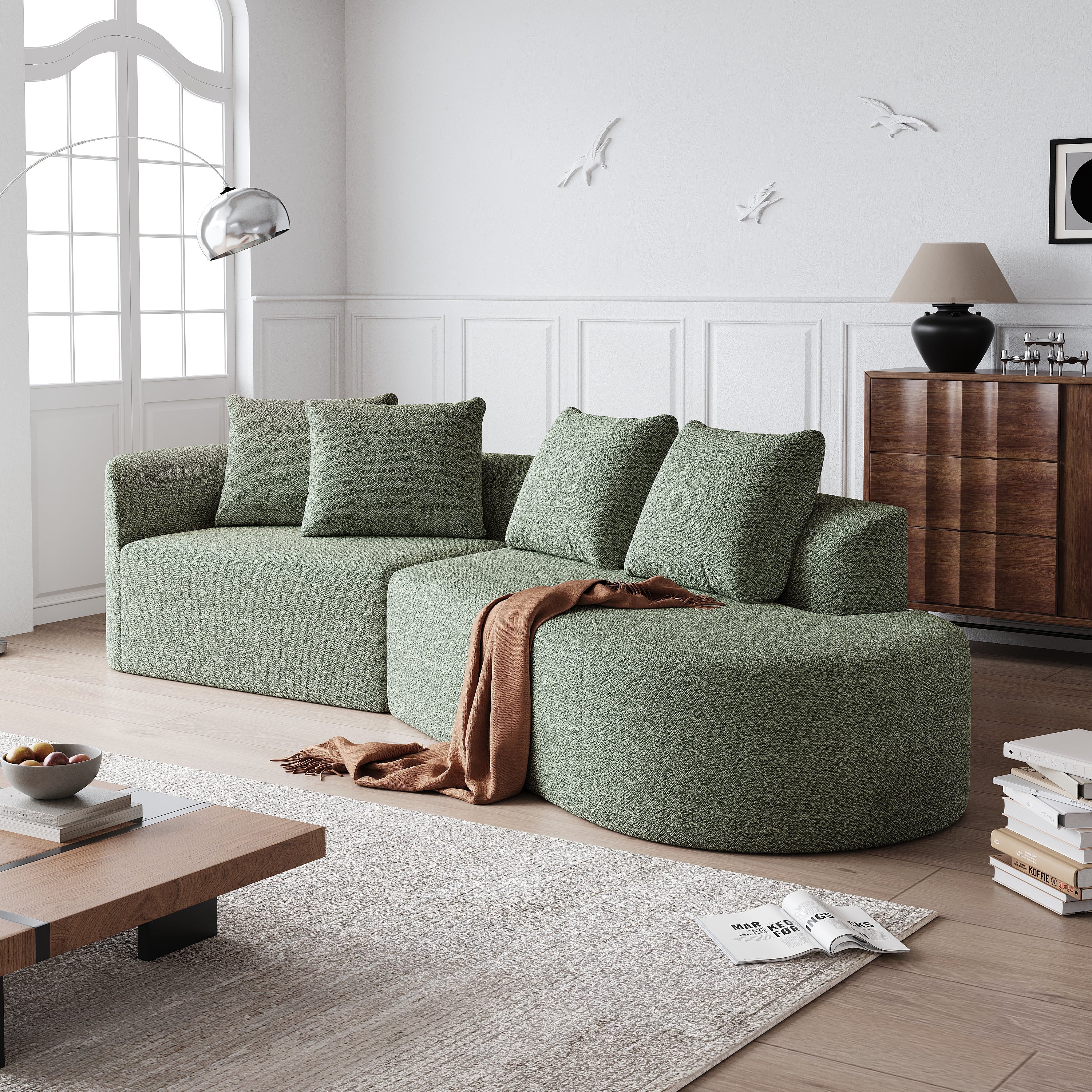 Modern Upholstered Oversized Sectional Sofa, 112-Inch Chenille 4-Seater Extra Deep & Wide Seat Curved Cloud Couch with 4 Throw Pillows, Free Combination Sofa Couch for Living Room,Bedroom