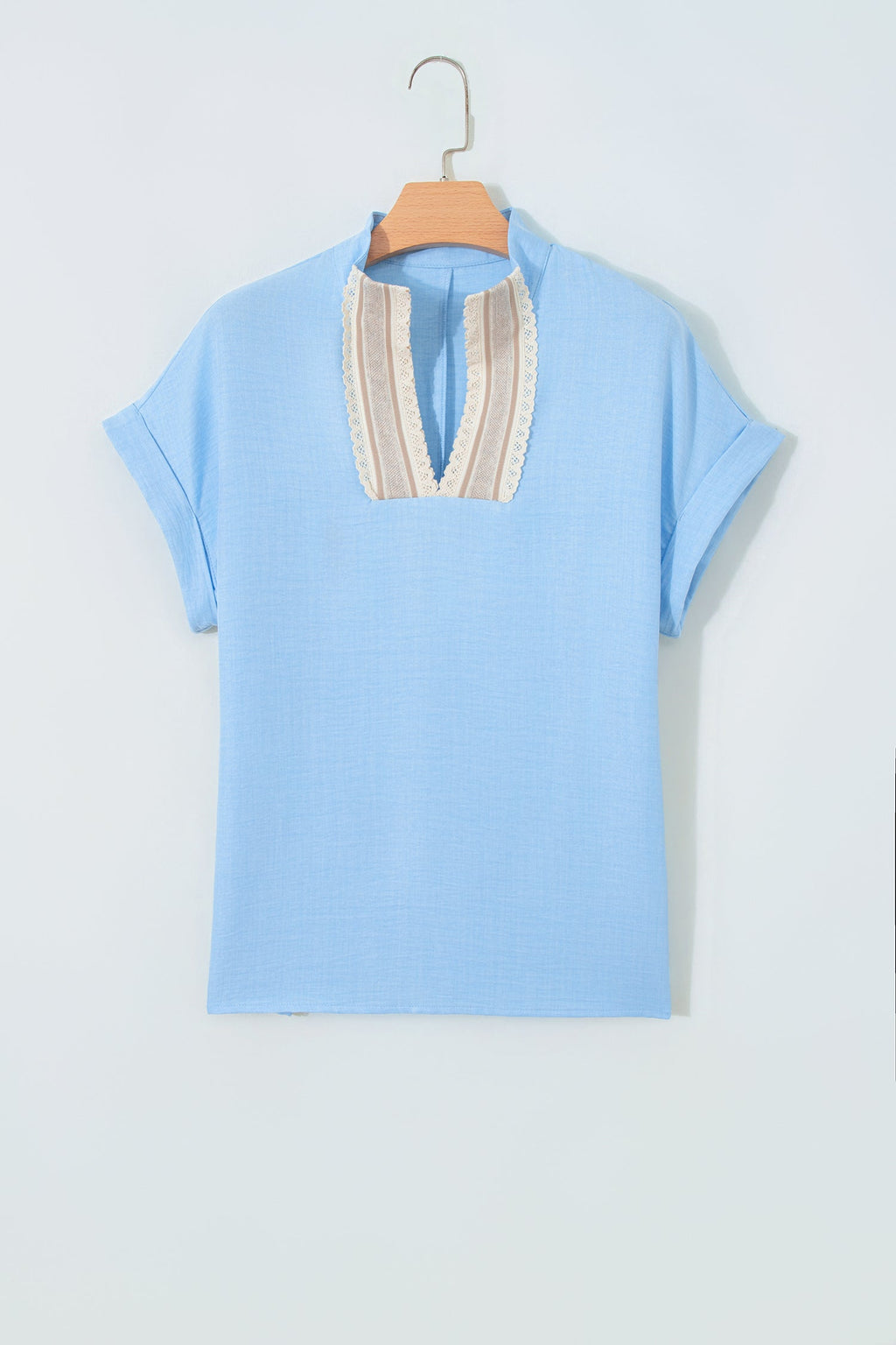 Crochet Lace Trim Rolled Short Sleeve Blouse