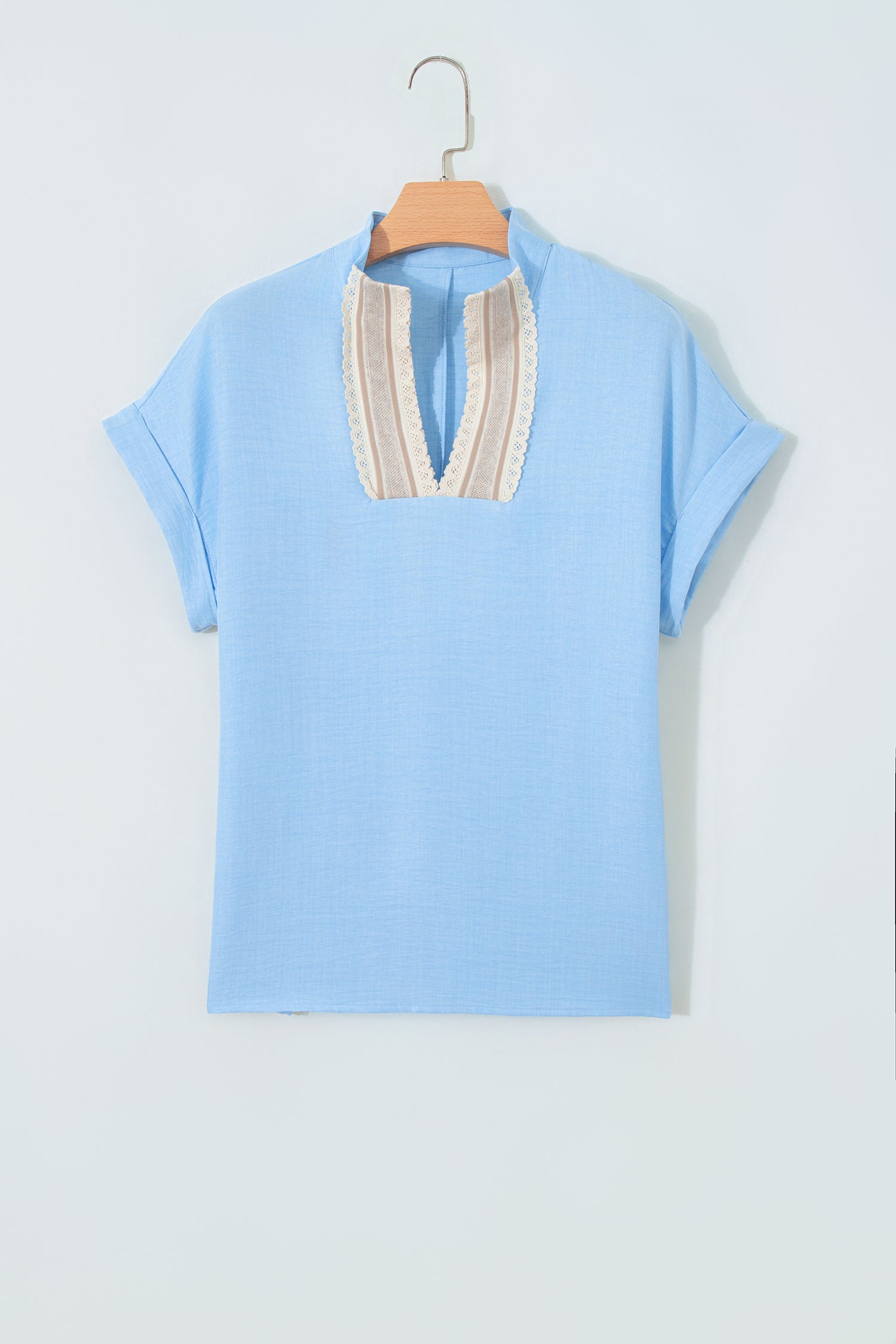 Crochet Lace Trim Rolled Short Sleeve Blouse